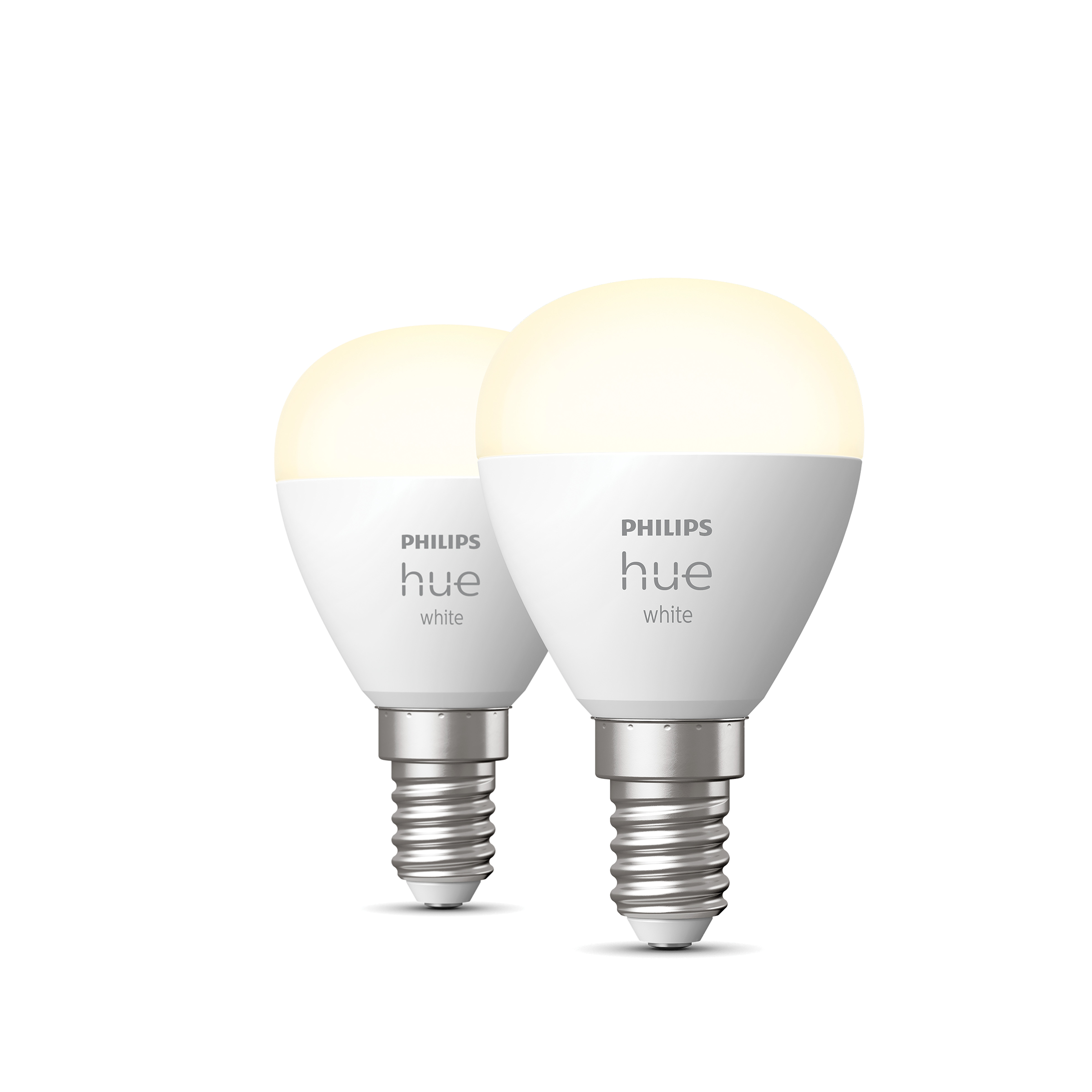 Dwie białe żarówki LED Philips Hue white, na białym tle. Mają zaokrąglony kształt.