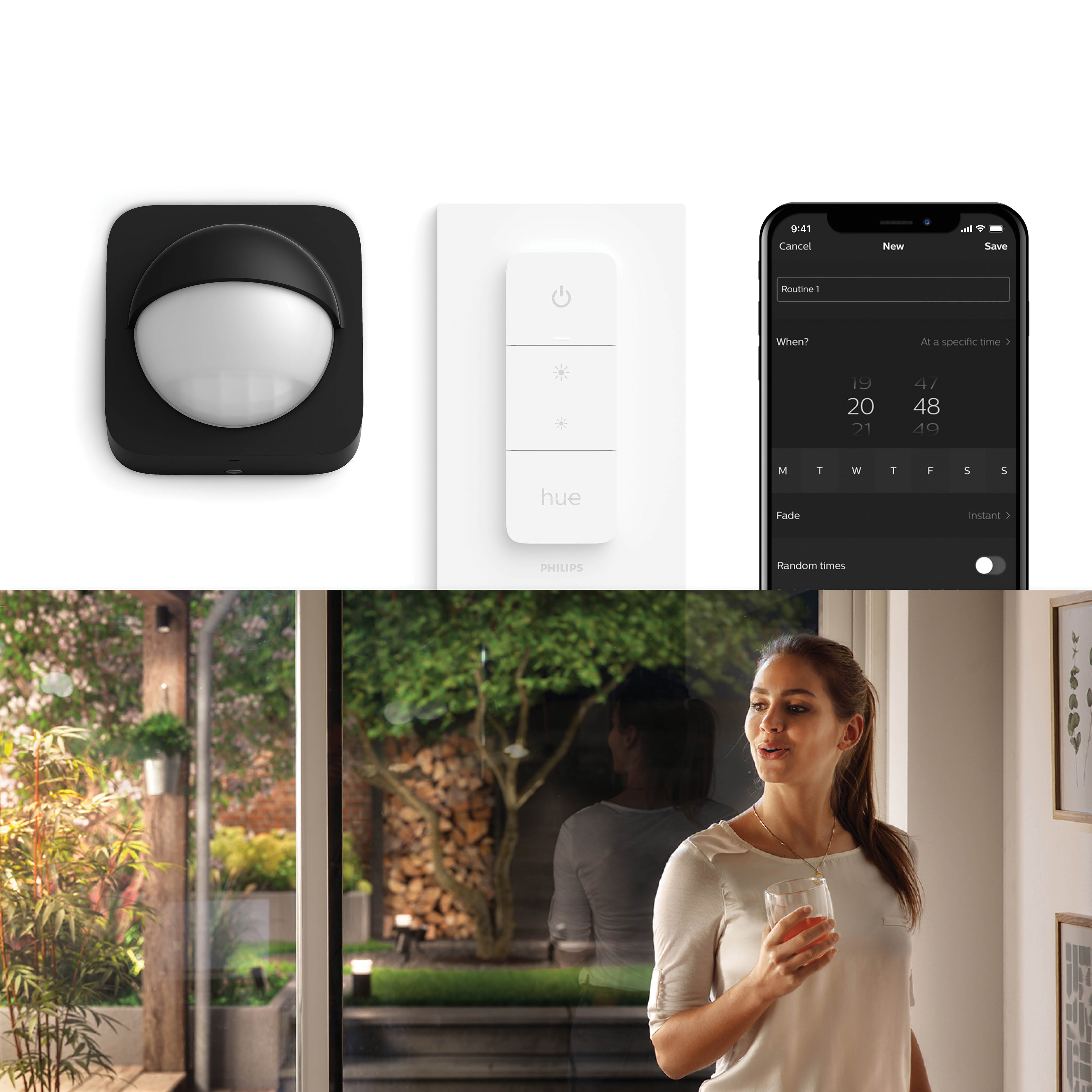 Plusieurs appareils de maison intelligente : un détecteur de mouvement, un interrupteur, un téléphone avec application et une femme.