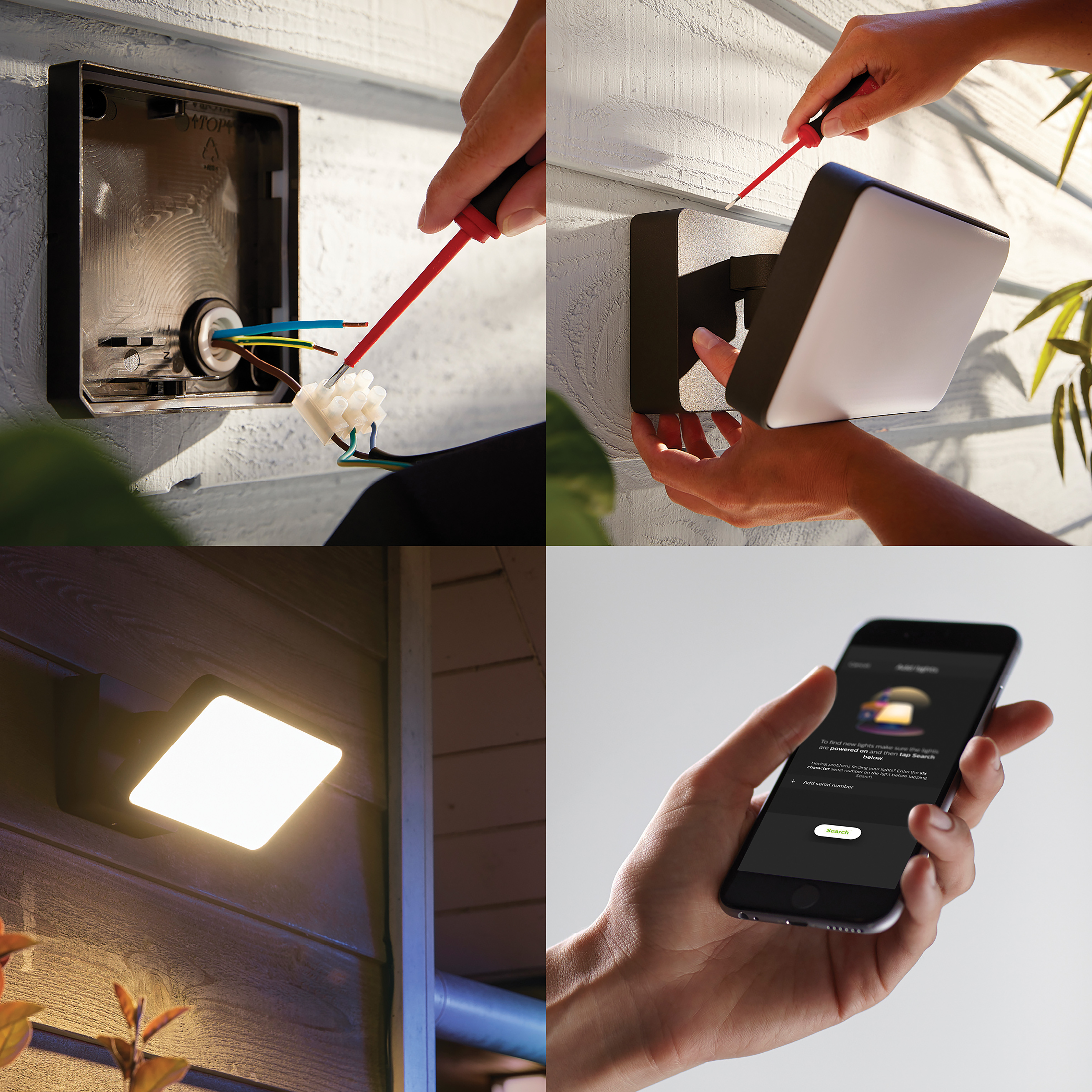 Un collage montrant l'installation d'une lumière extérieure intelligente. Inclut des mains installant la lumière.