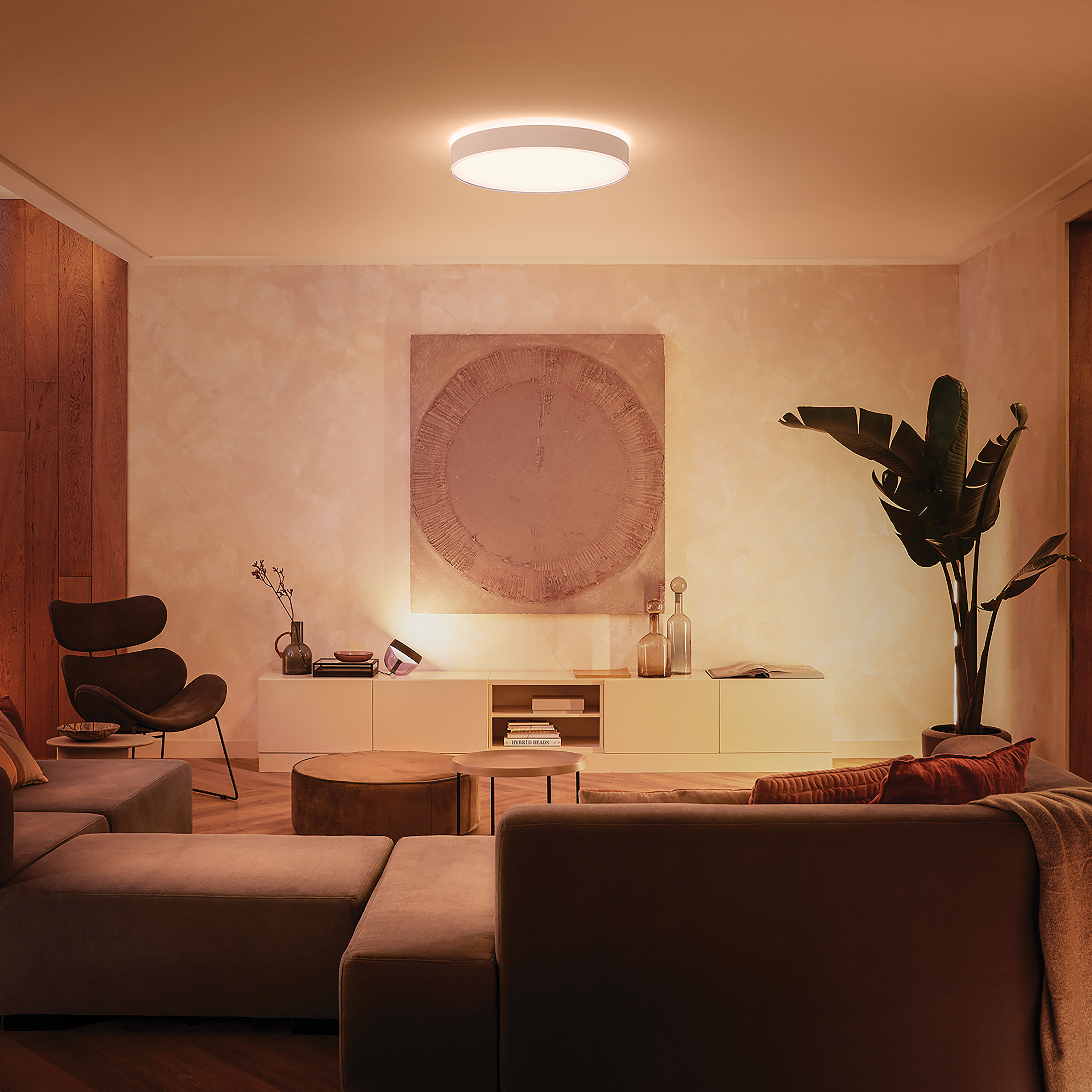 Nowoczesny salon. Biała lampa sufitowa, sofa i sztuka na ścianie.