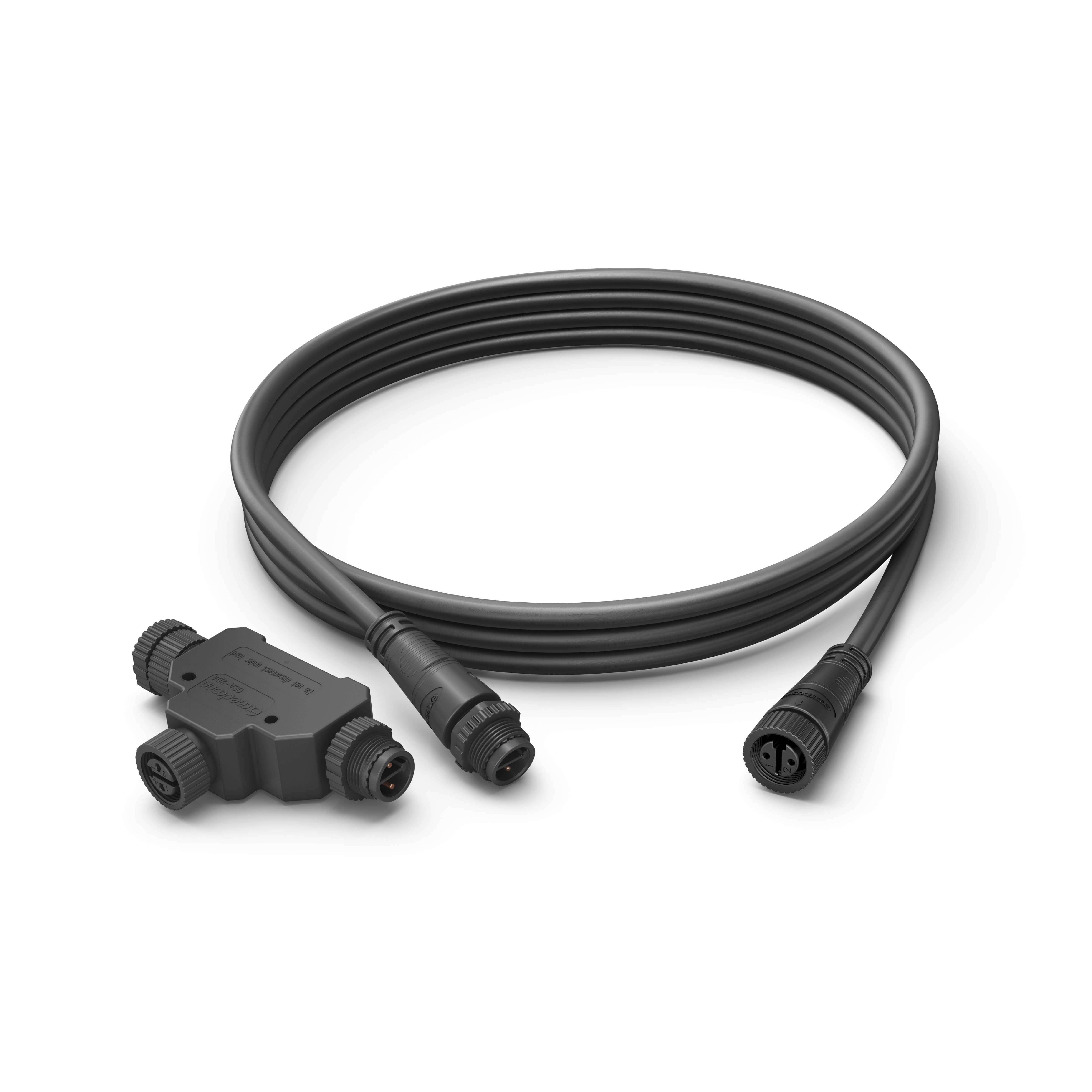 Schwarzes Kabel mit mehreren Anschlüssen. Ein T-förmiger Anschluss.