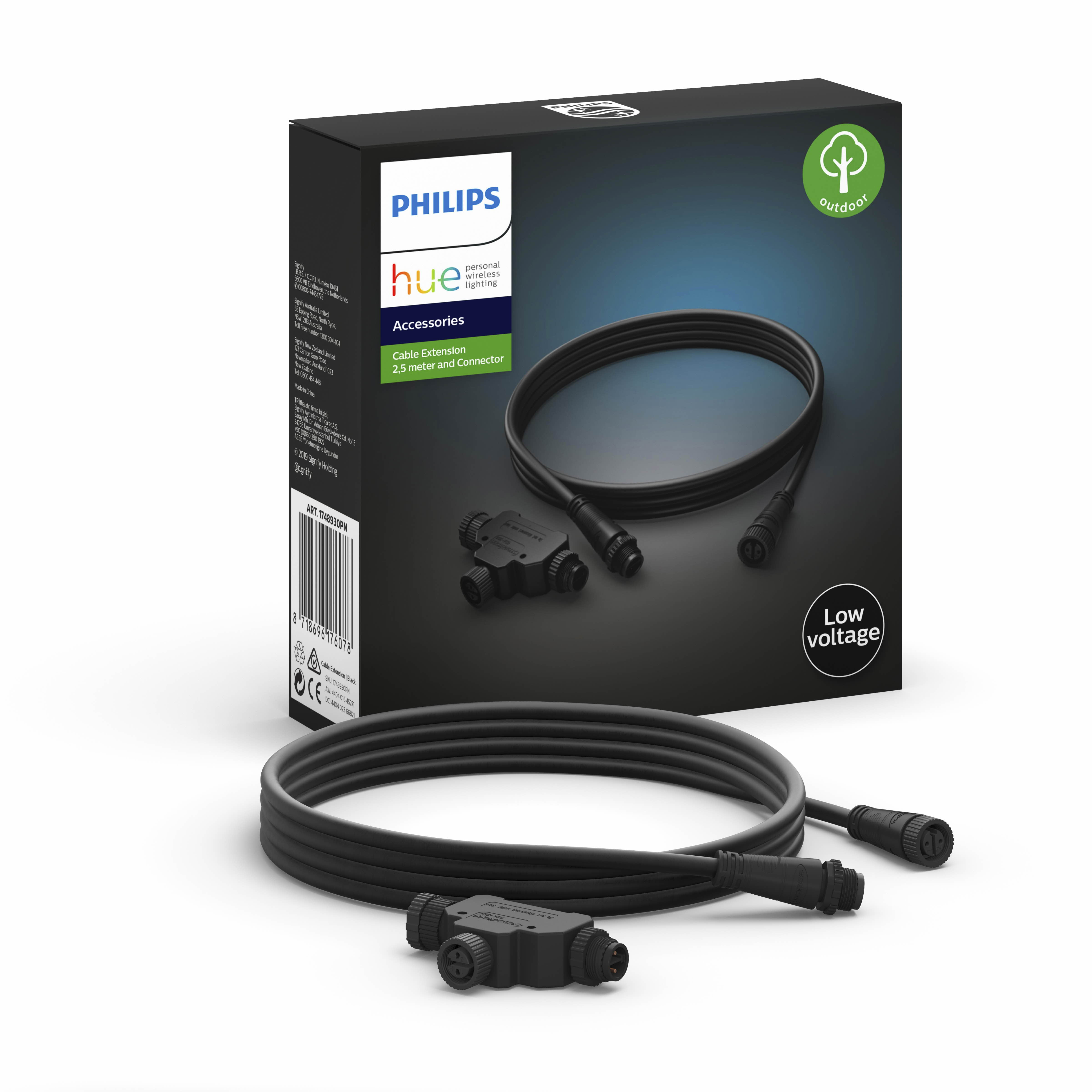 Schwarzes Philips Hue Outdoor-Zubehör. Kabel, Stecker und Box werden gezeigt.