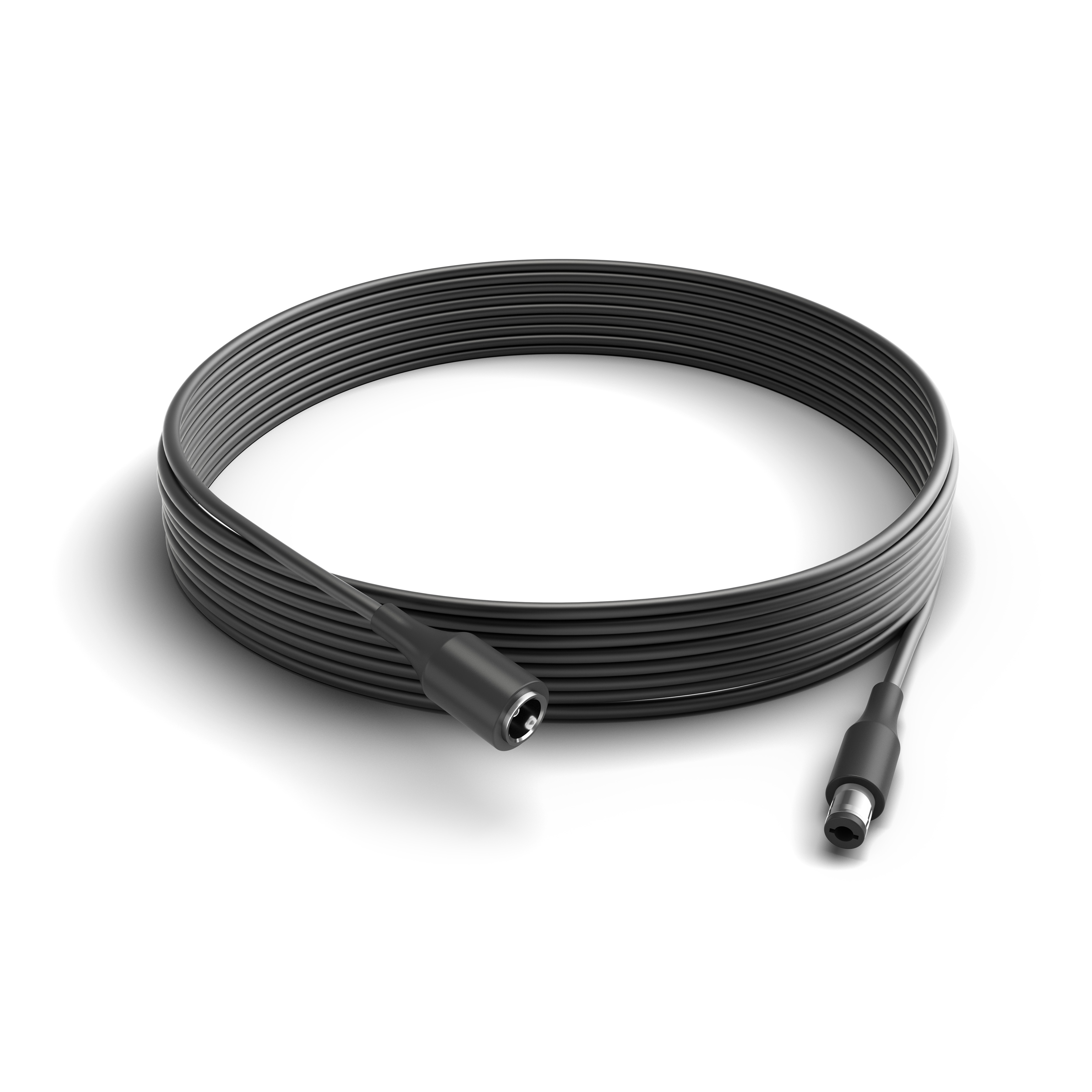 Câble circulaire noir avec connecteurs. Une extrémité a une broche. L'autre a un récepteur.