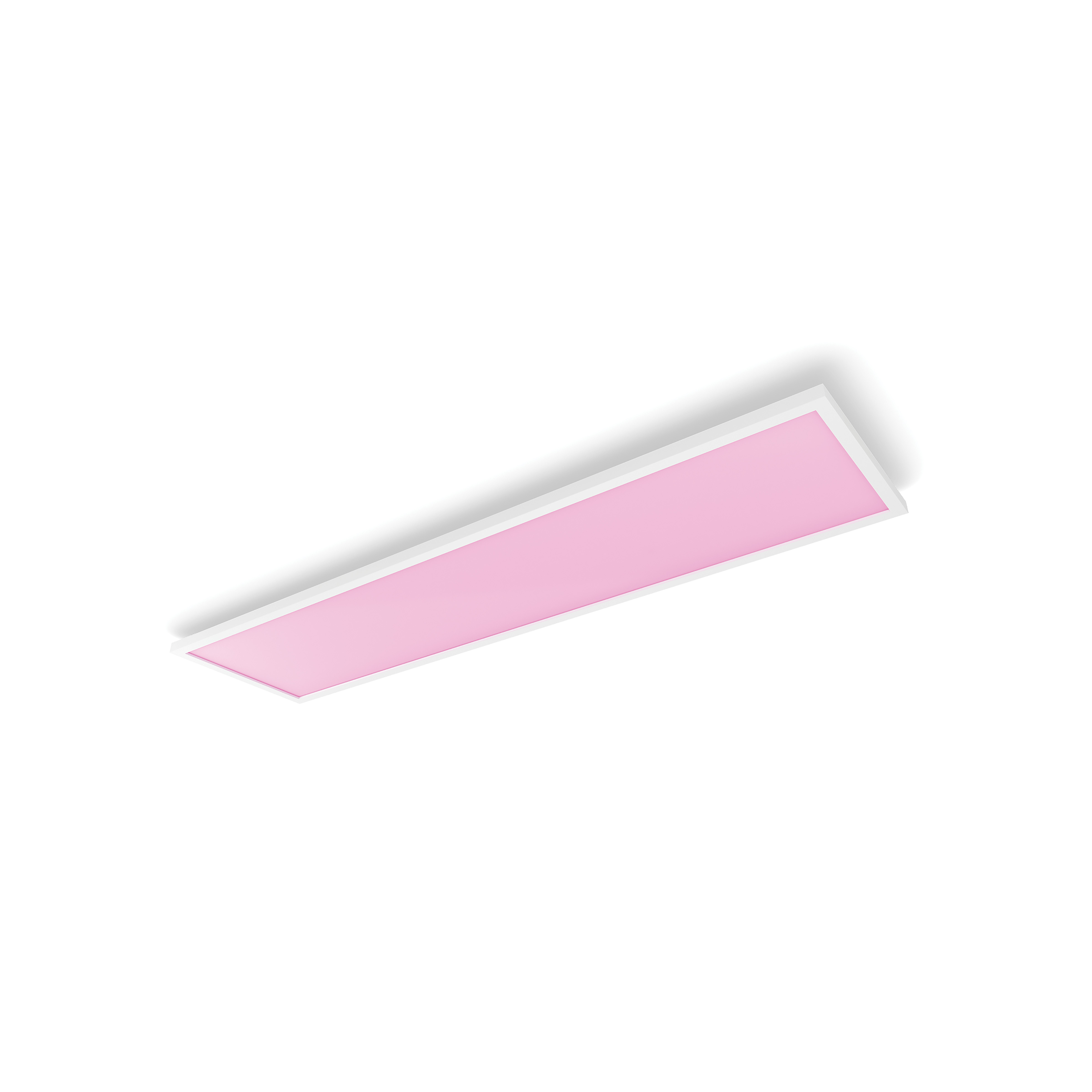 Różowy prostokątny panel świetlny, biała rama, widok z góry na białym tle.