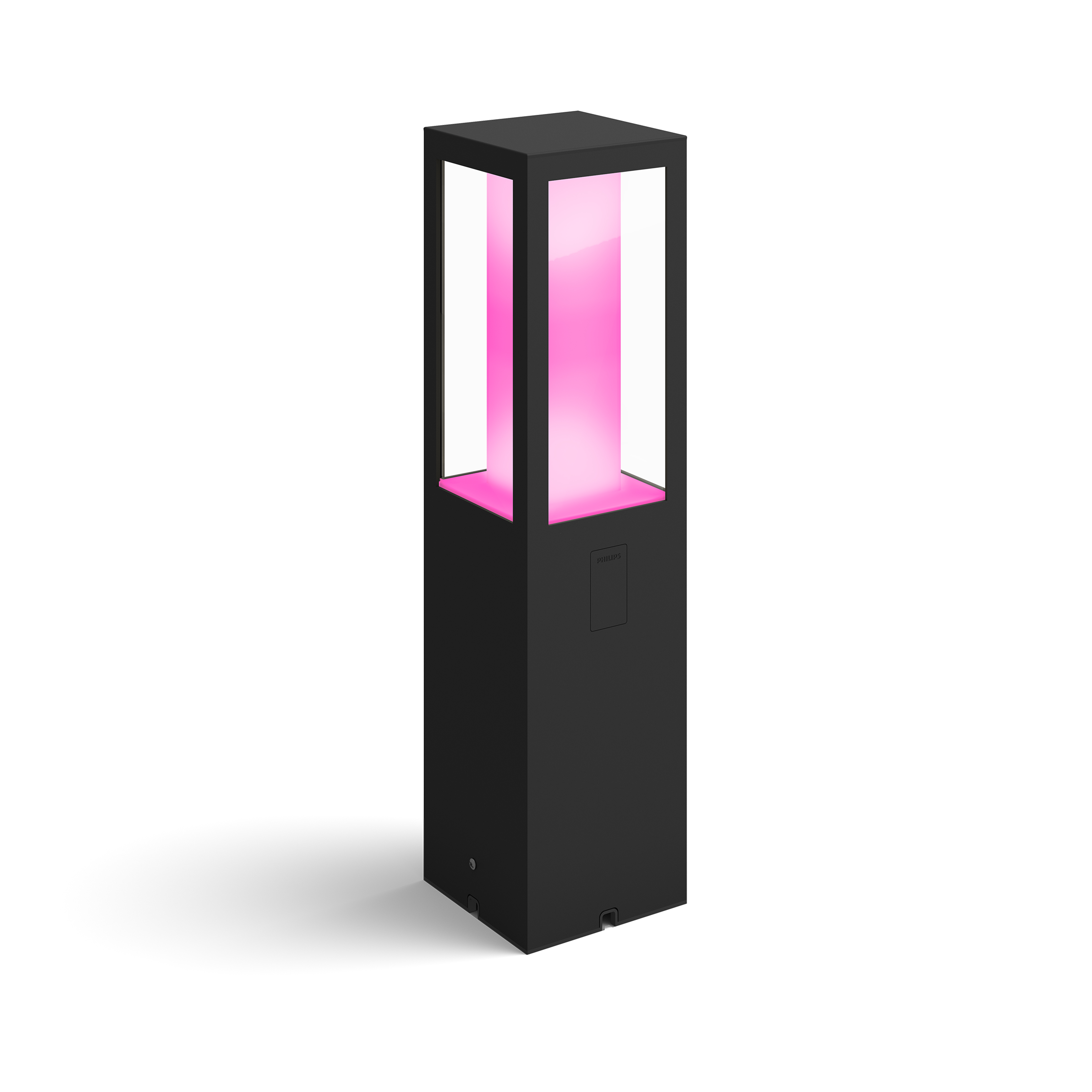 Luminaire extérieur noir avec lumière rose émise.