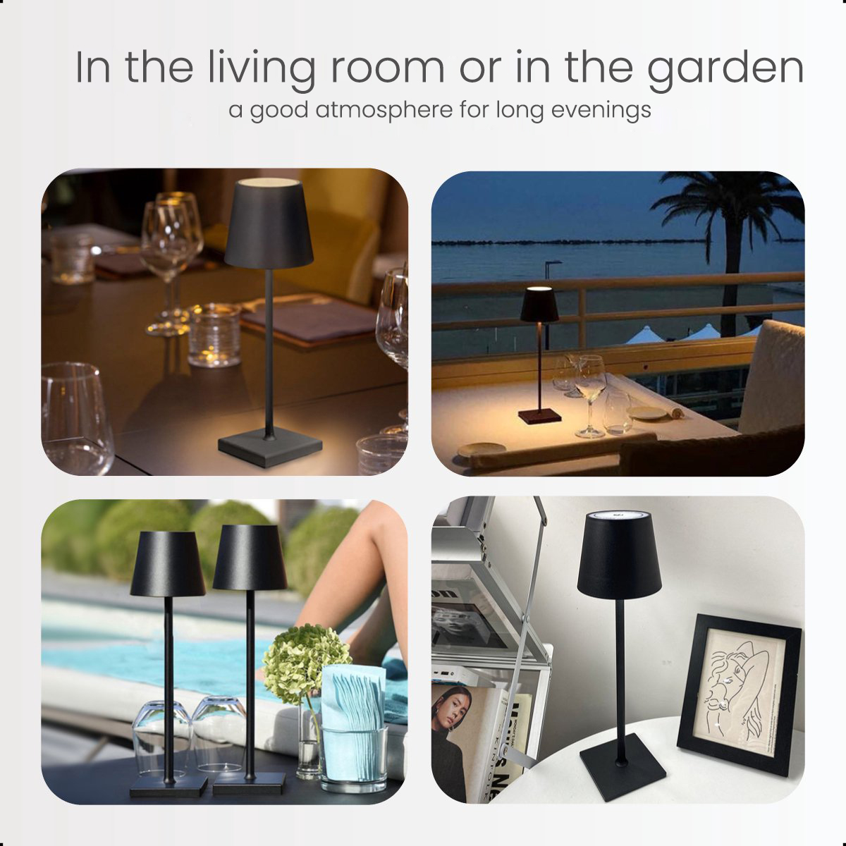Four images showing black table lamps in different indoor and outdoor settings.