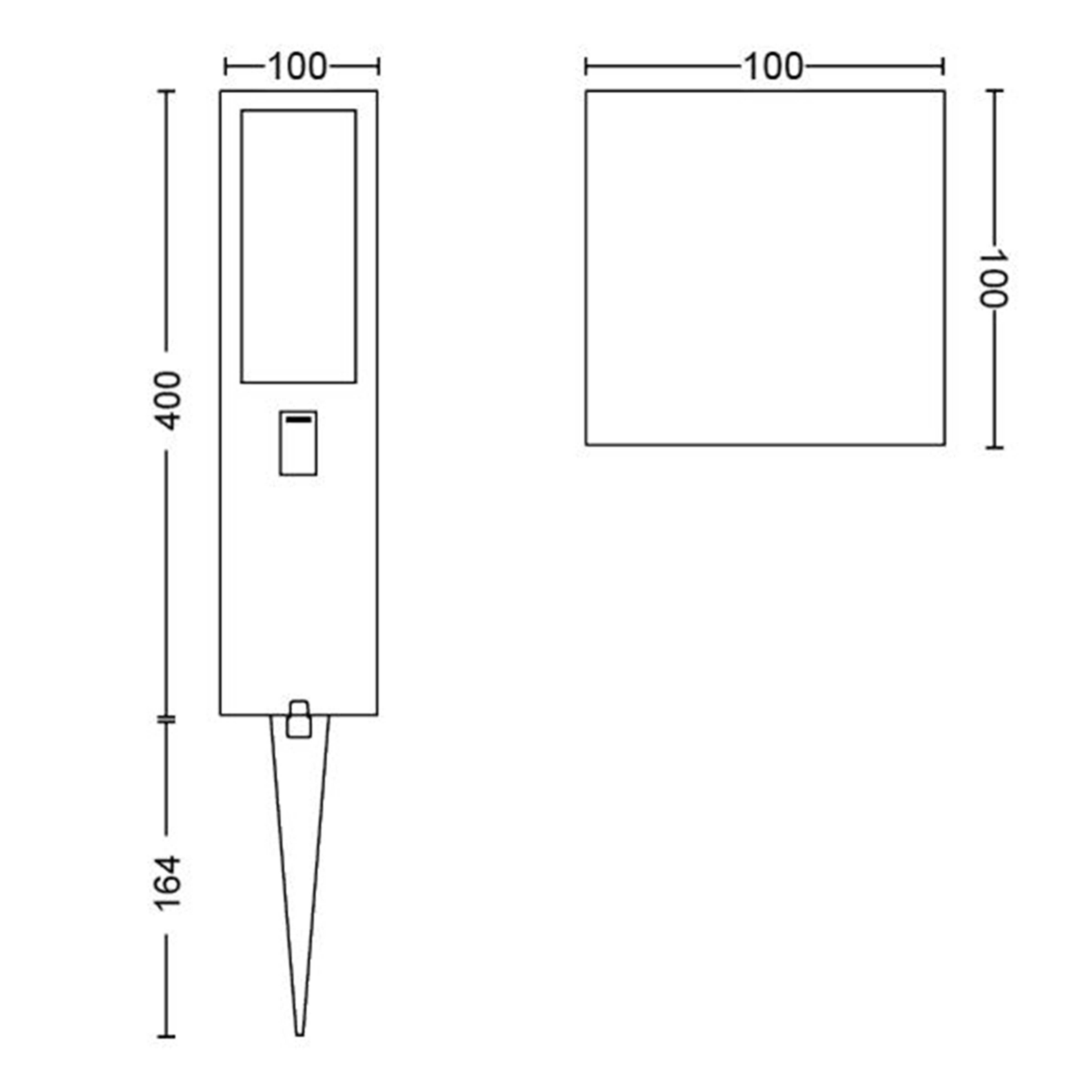 Diagramme d'un projecteur paysager avec mesures. Le projecteur est rectangulaire avec une pointe.