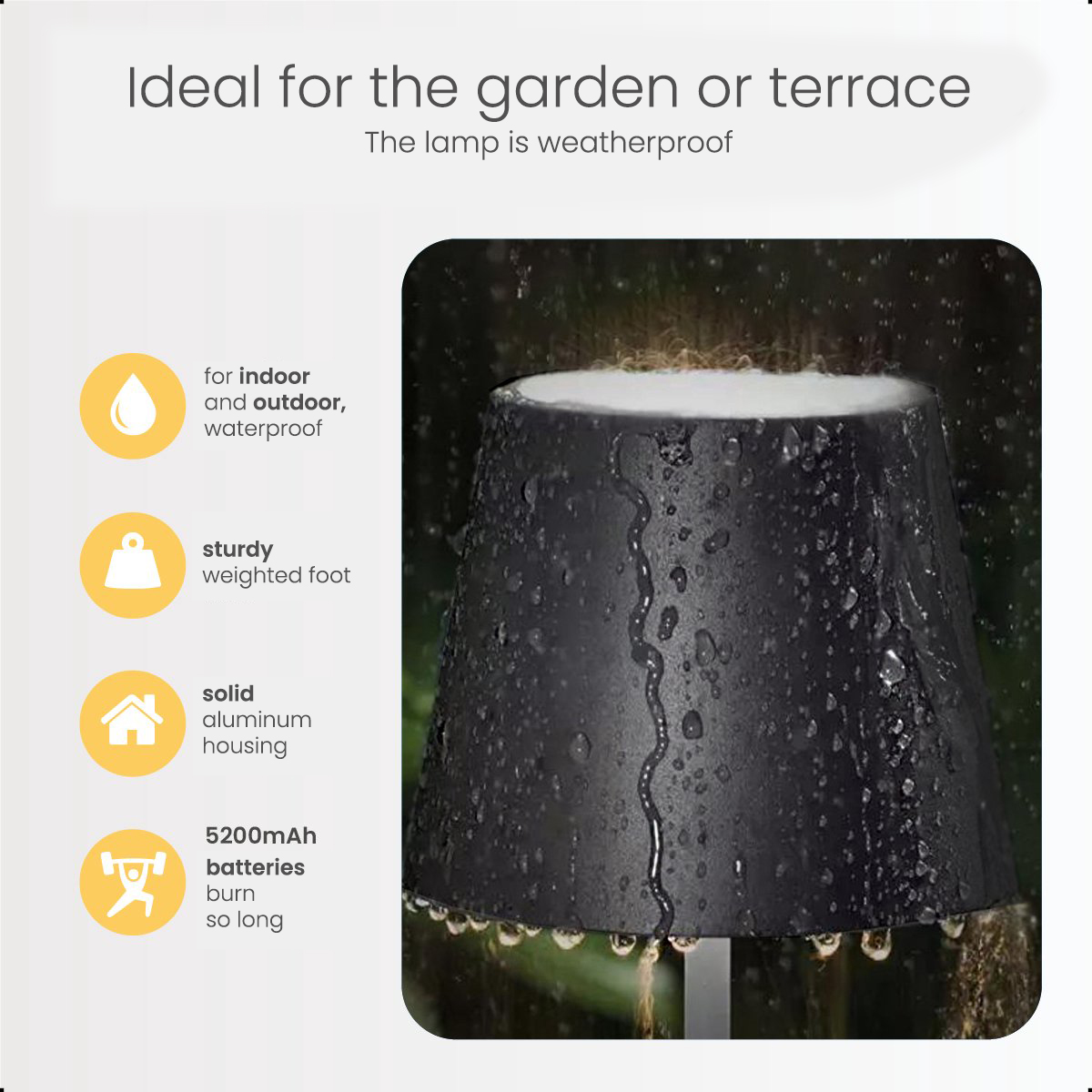 A black outdoor lamp with raindrops, plus icons illustrating its features and text labels.