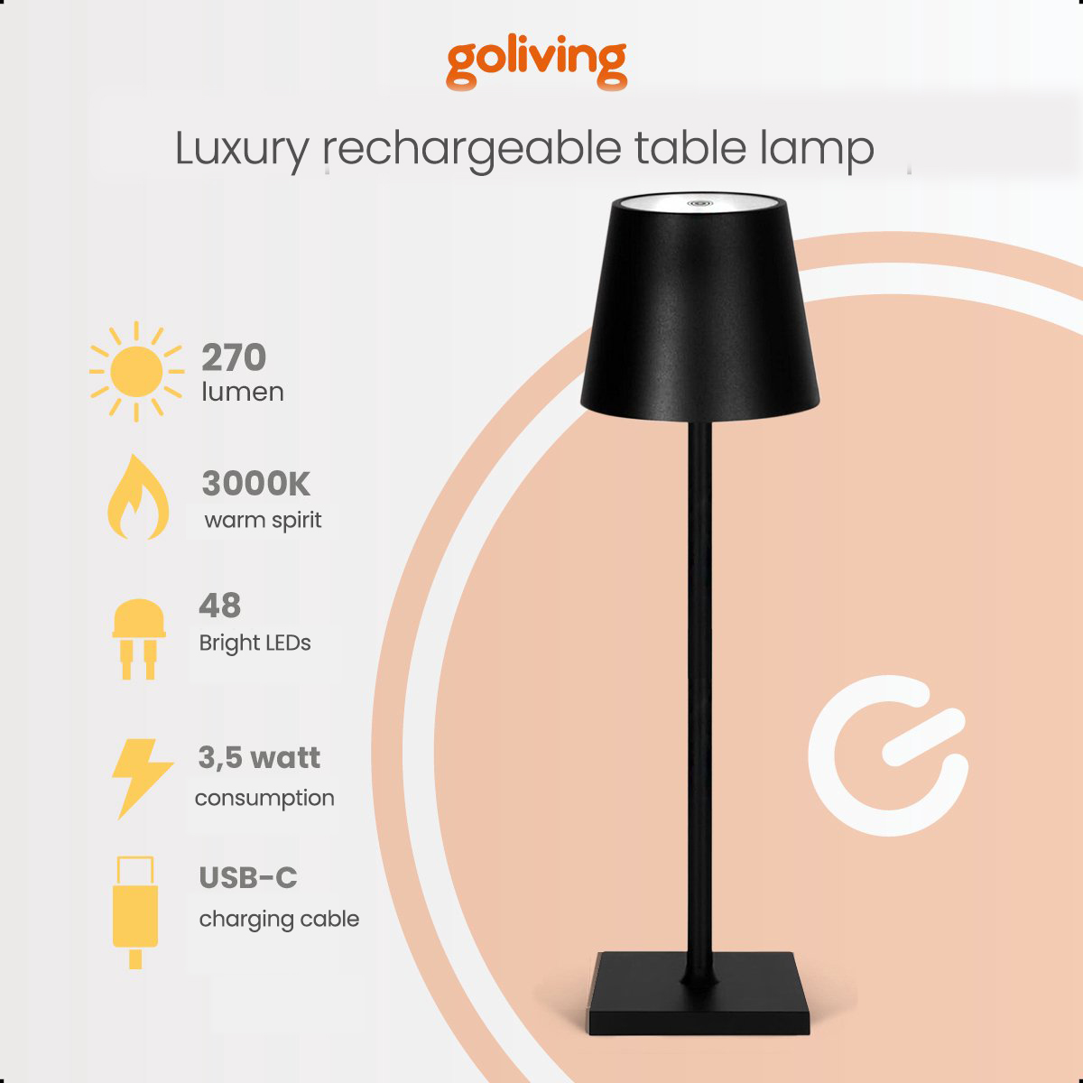 Black table lamp with a square base. Includes specs: 270 lumen, 3000K, 48 LEDs, 3.5W, USB-C.