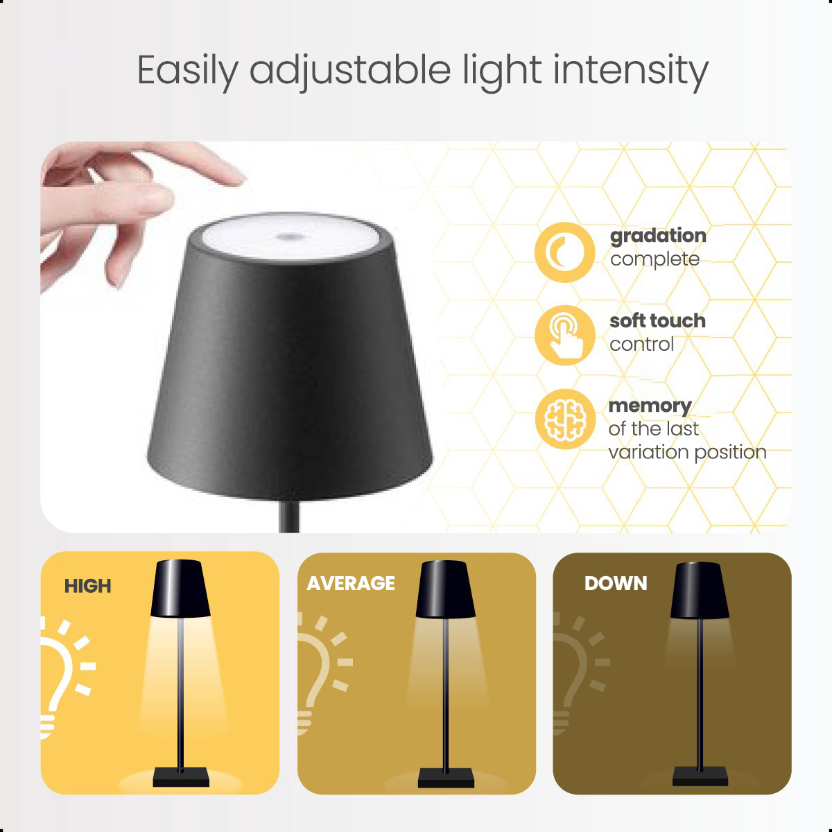 A black lamp with adjustable brightness settings. A hand is touching the lamp.