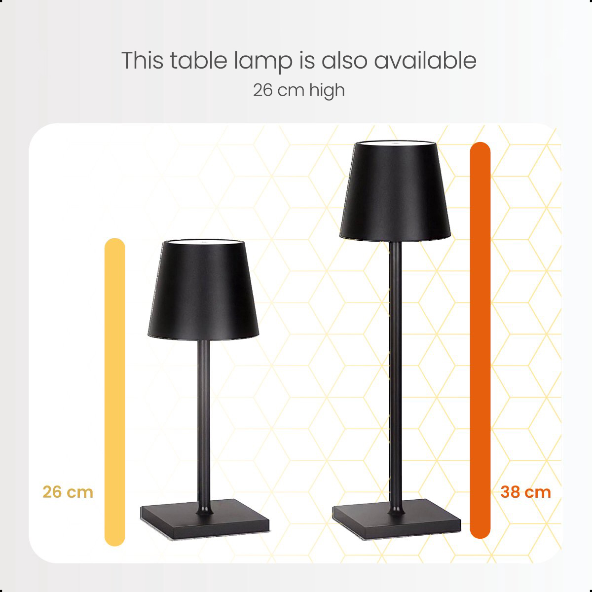 Two black table lamps. One is 26 cm, and the other is 38 cm high, on a white background.