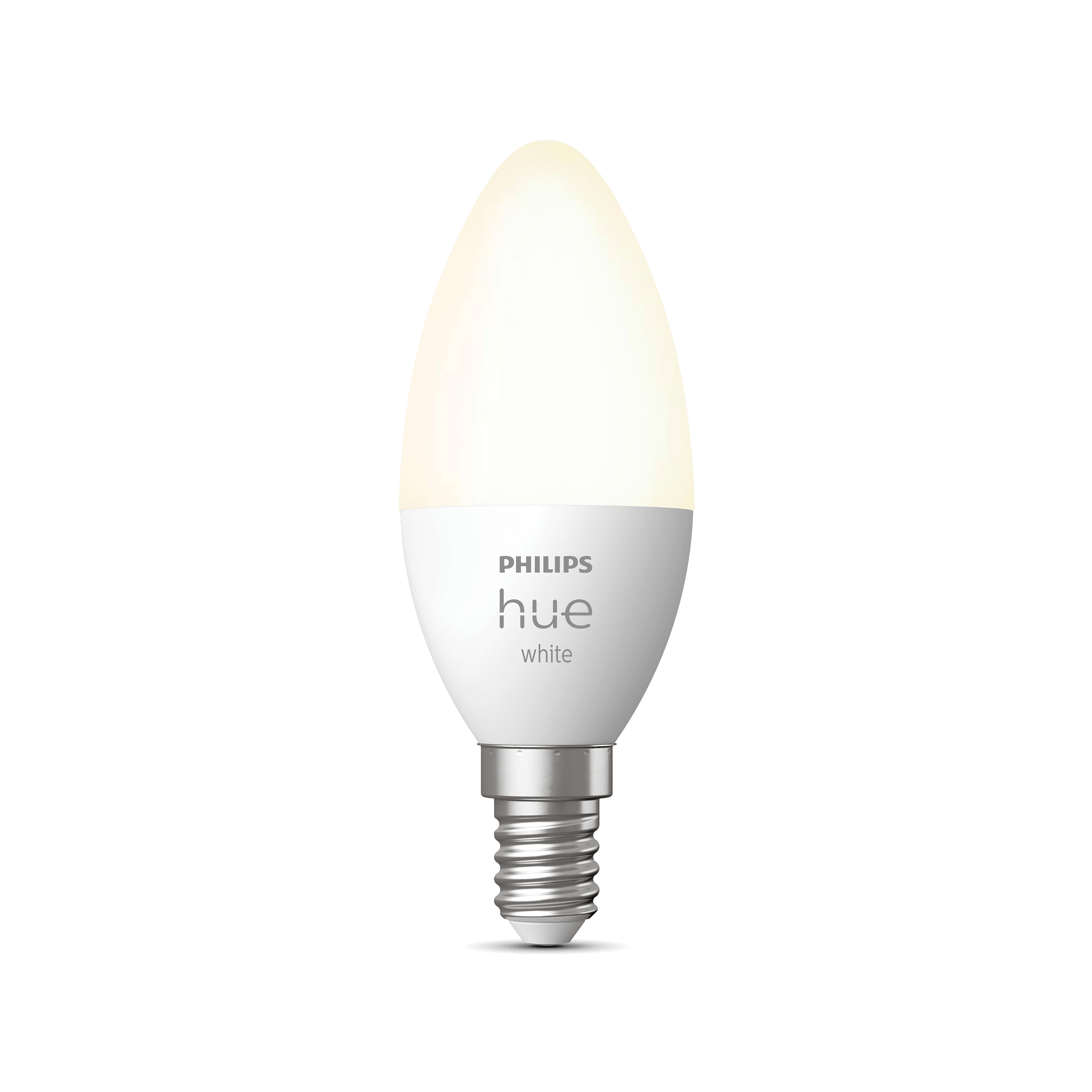 Biała żarówka Philips Hue, w kształcie świecy, z białą podstawą i gwintem śrubowym.