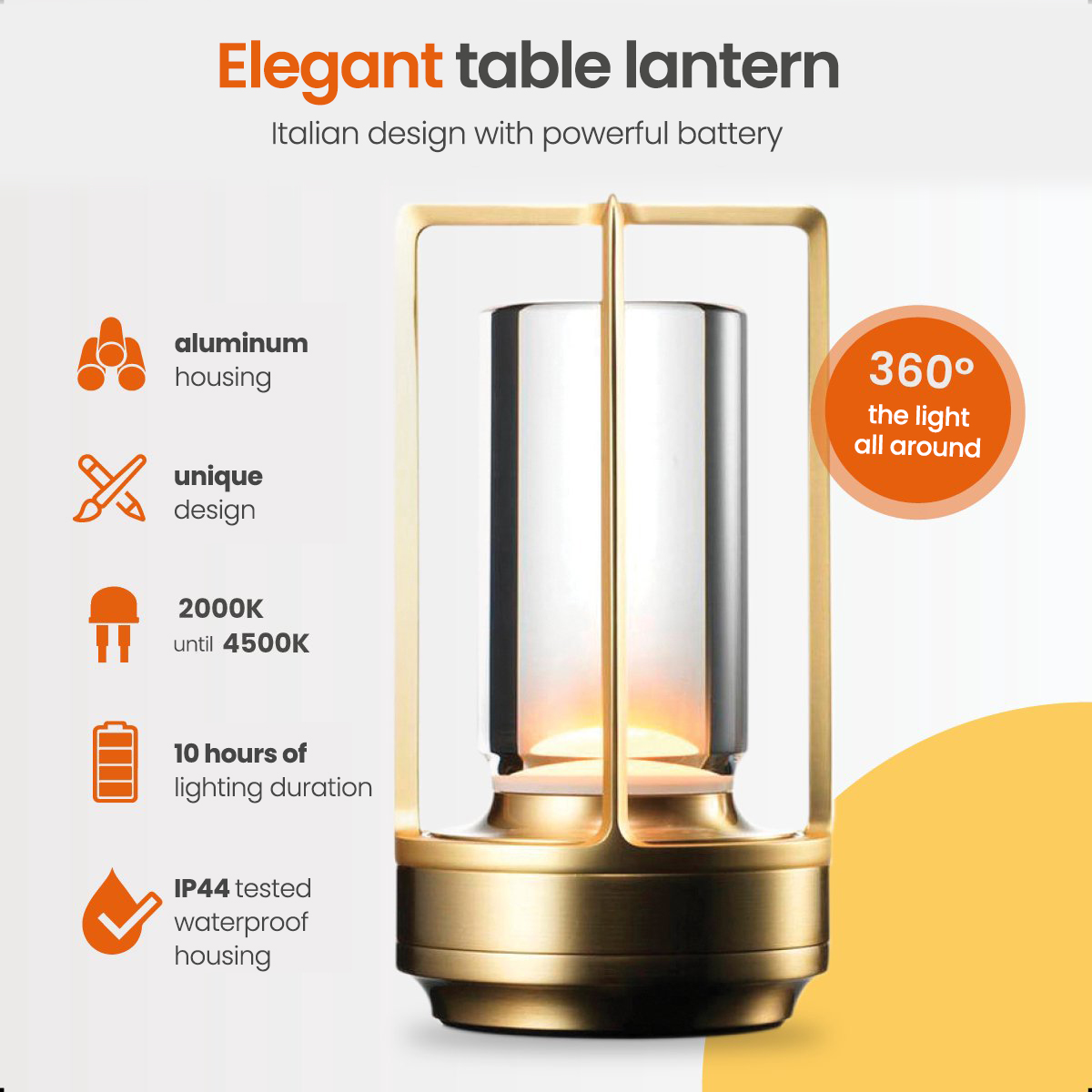 Eine goldene Tischlaterne mit einem klaren Glaszylinder mit Funktionssymbolen.