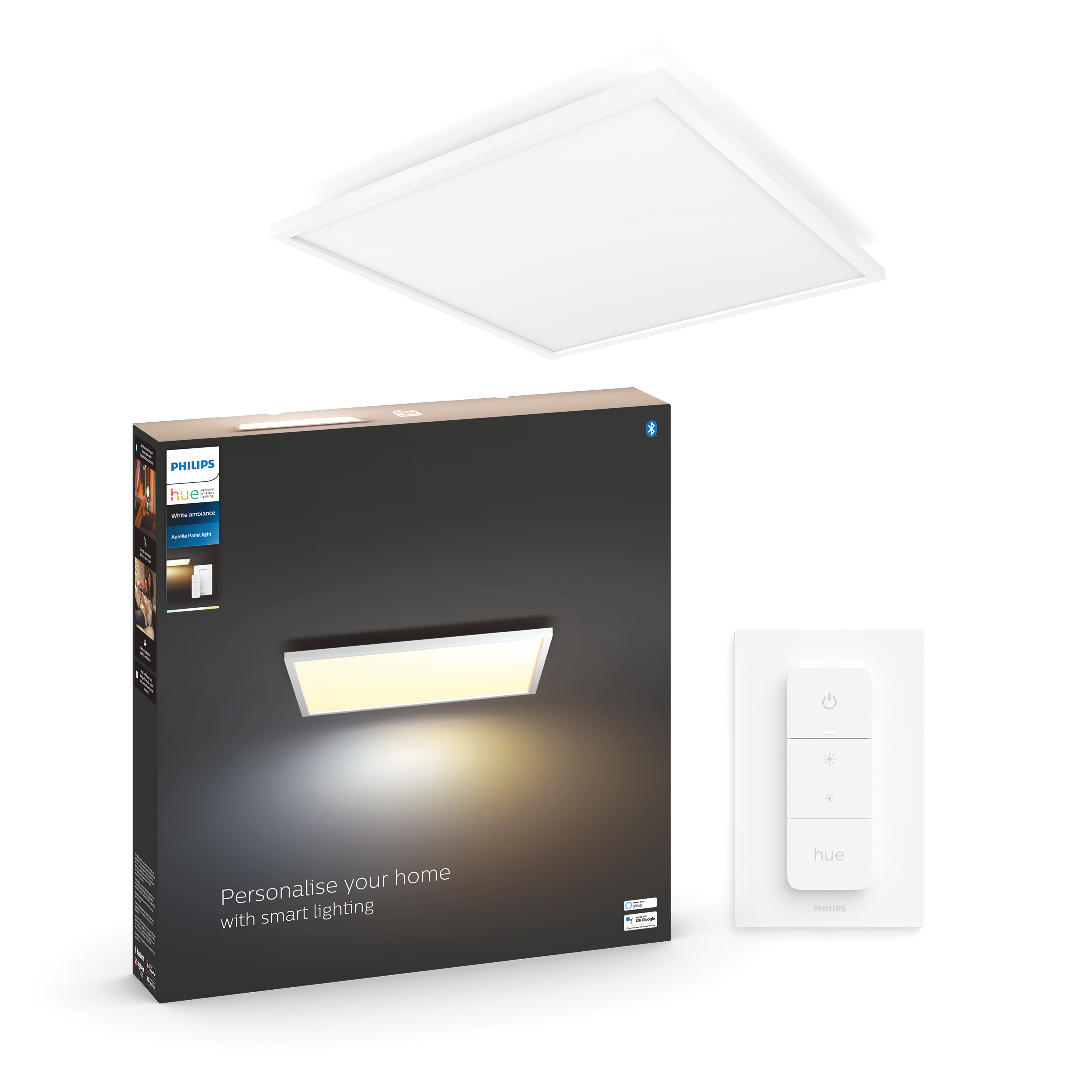 Białe produkty Philips Hue do inteligentnego domu, pudełko i kontroler. Białe tło.