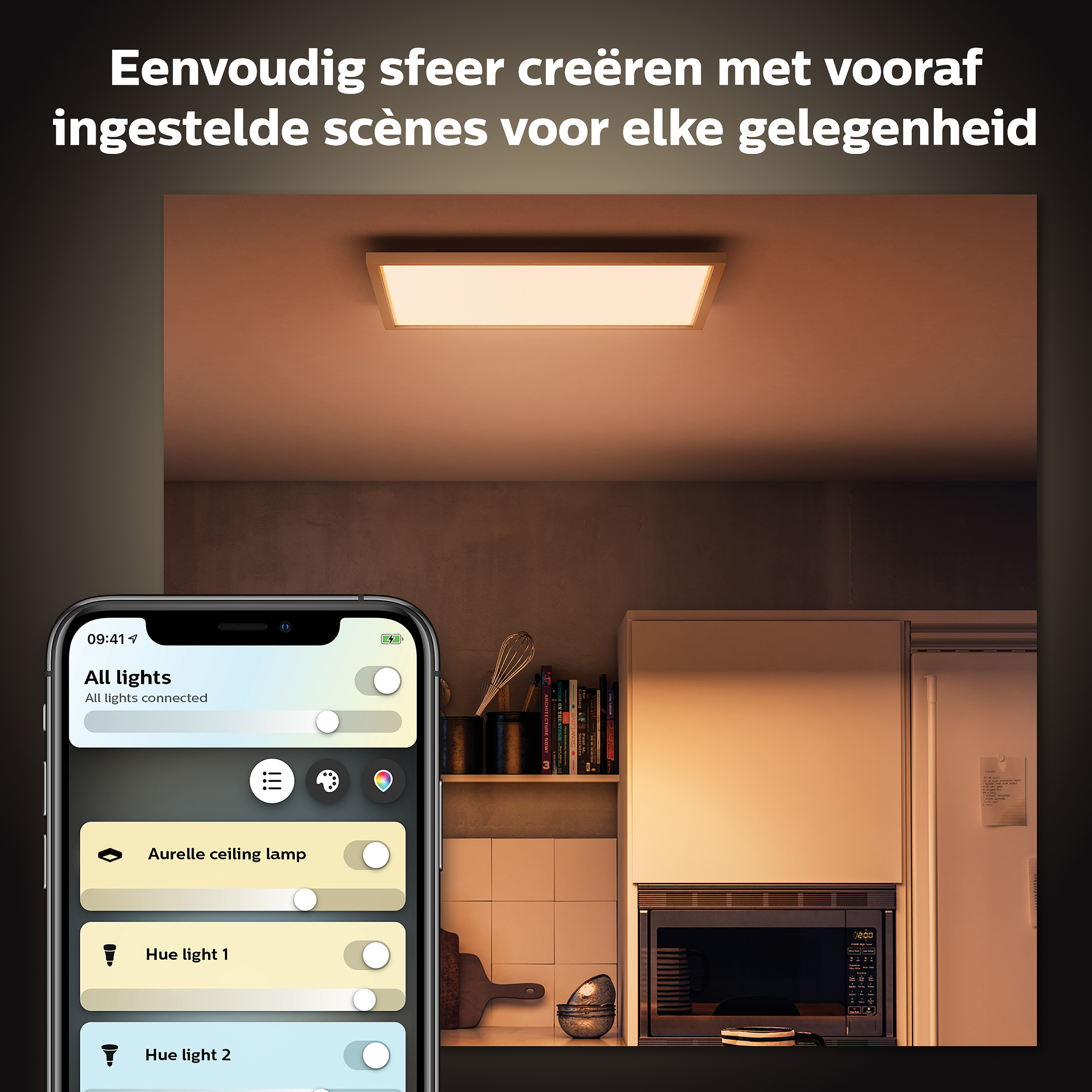 Smartfon kontroluje inteligentne oświetlenie domu w kuchni, tekst: 'Stwórz atmosferę'.