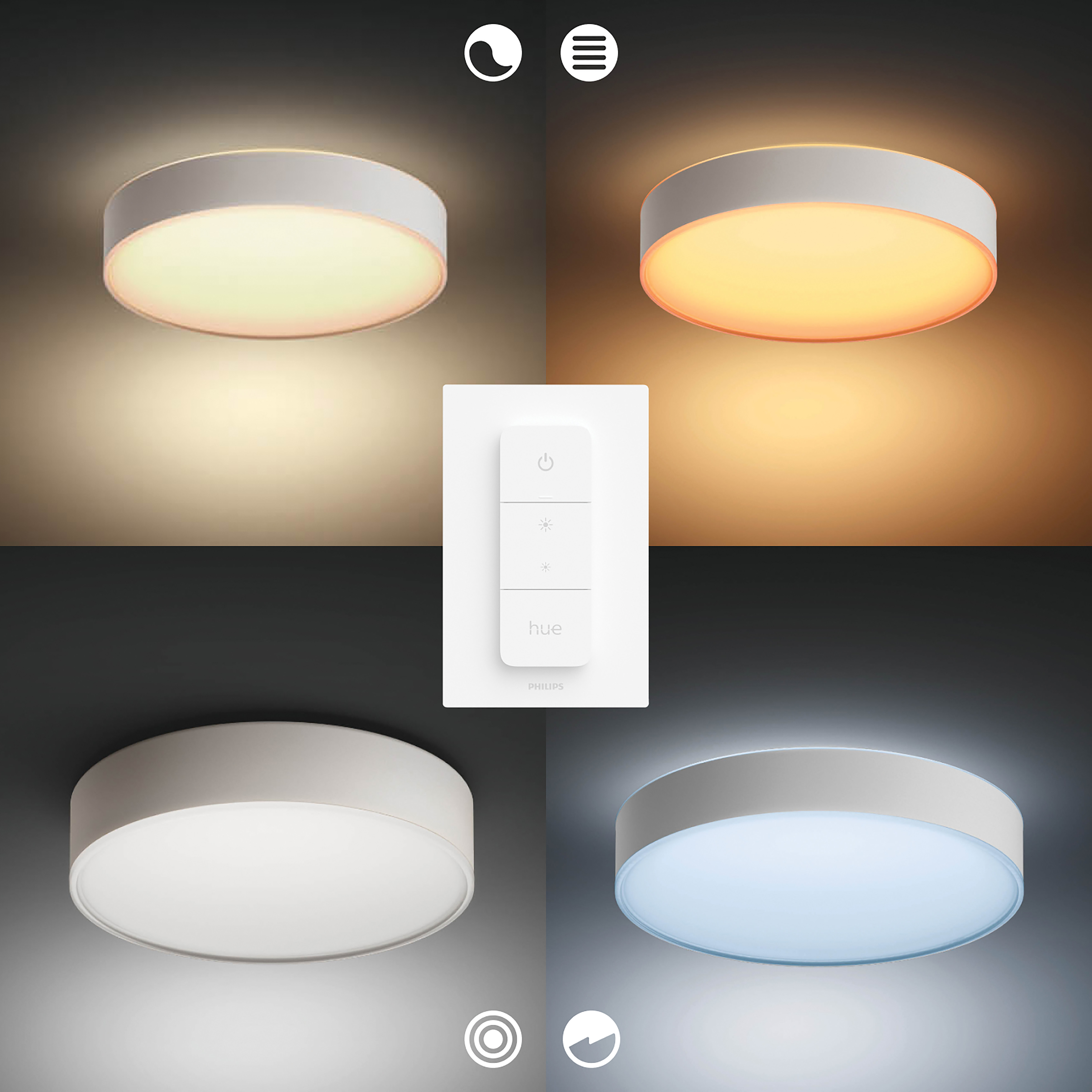 Cztery światła o różnych temperaturach barwowych i pilot Philips Hue.