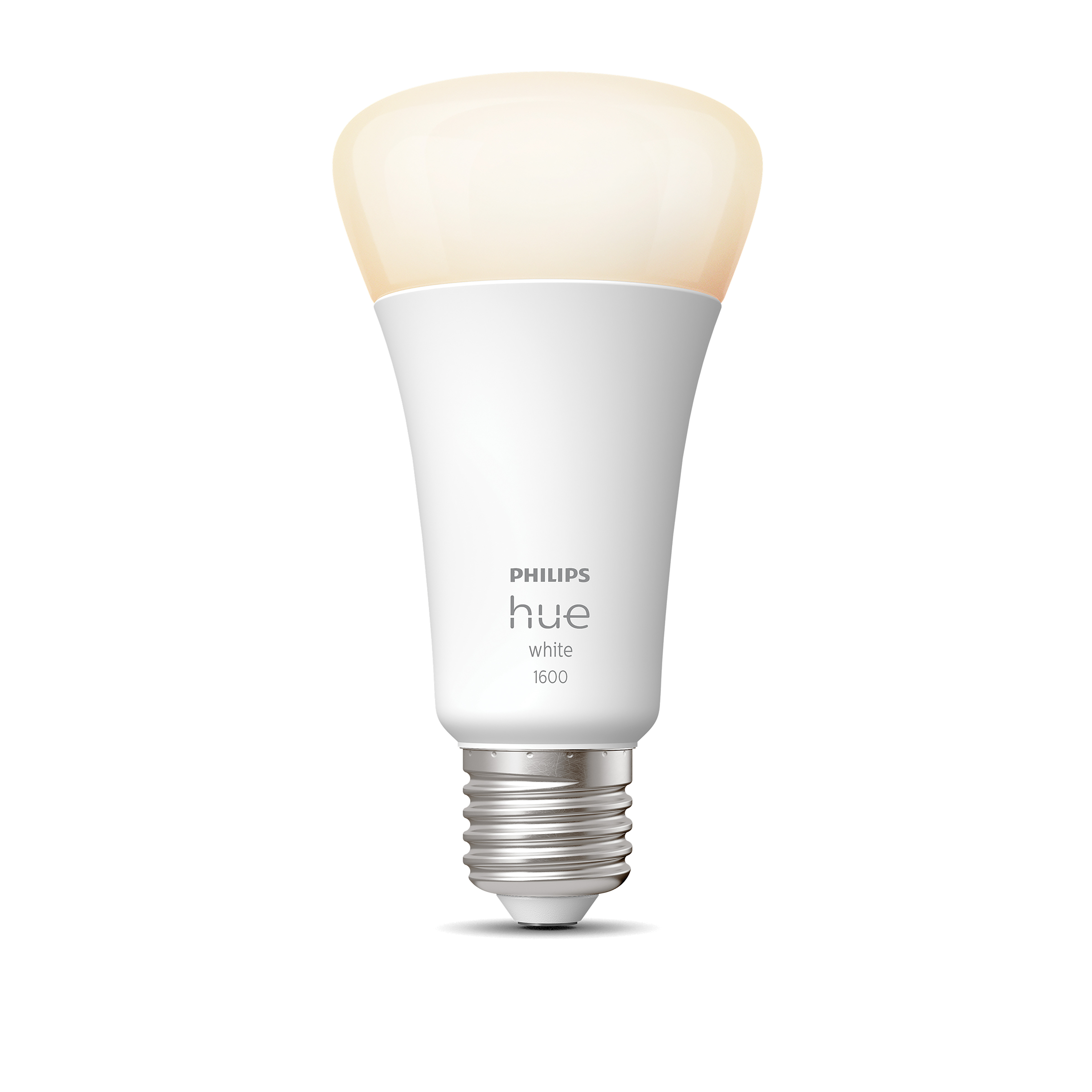 Biała żarówka smart Philips Hue, z jasnożółtą poświatą, na białym tle.