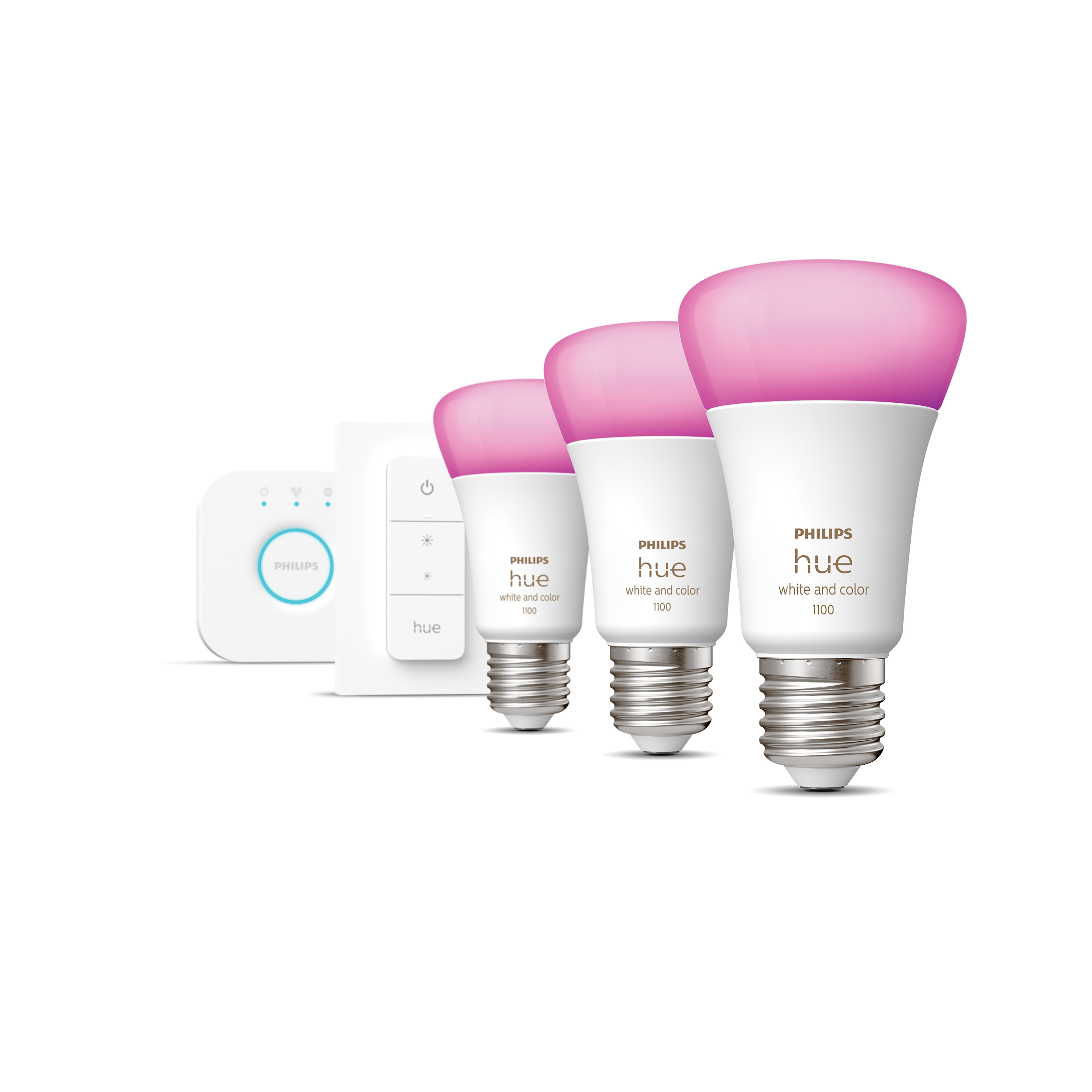Trois ampoules intelligentes Philips Hue, lumière rose. Base blanche, fond blanc.
