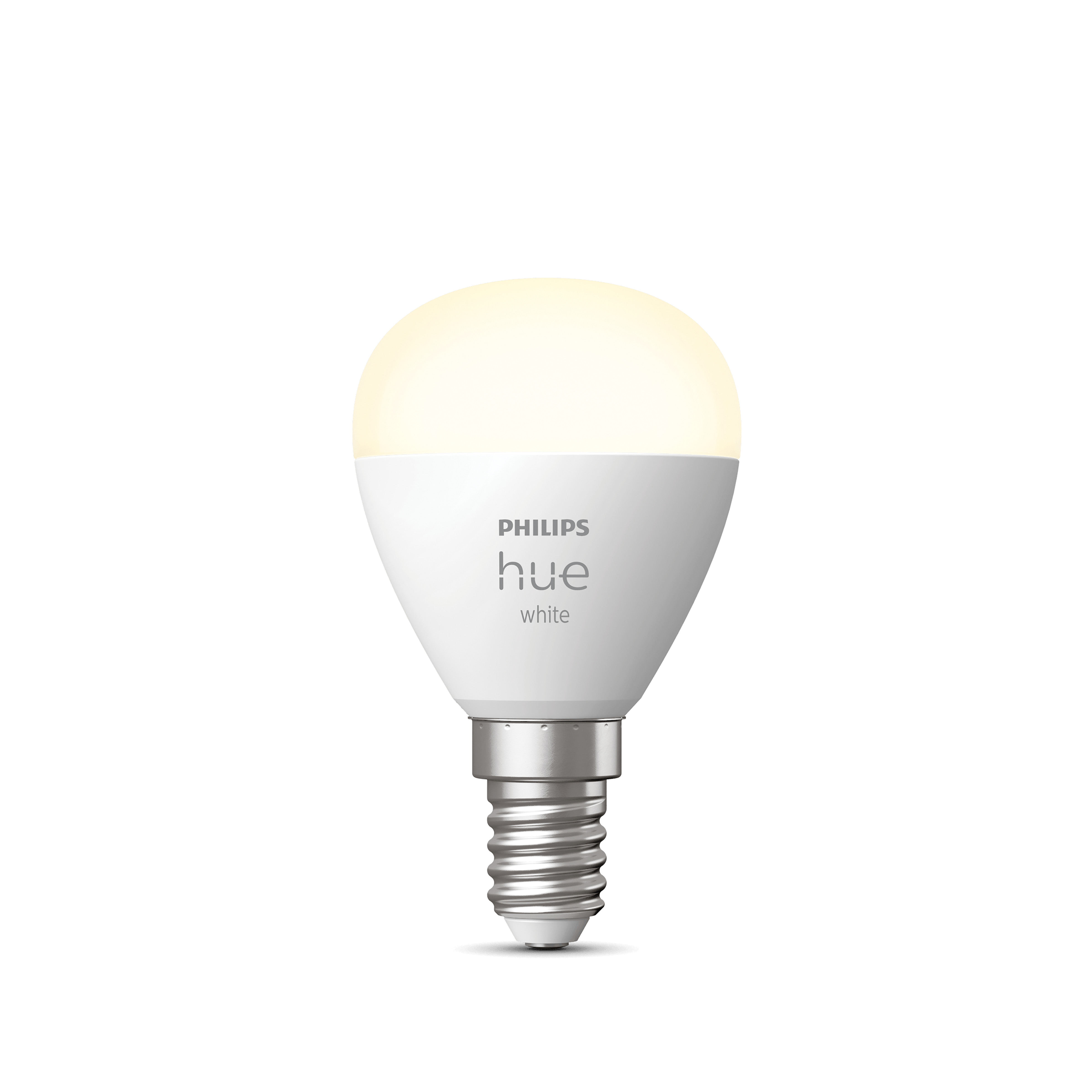 Ampoule Philips Hue blanche. Forme de goutte d'eau avec base argentée. L'ampoule est allumée.