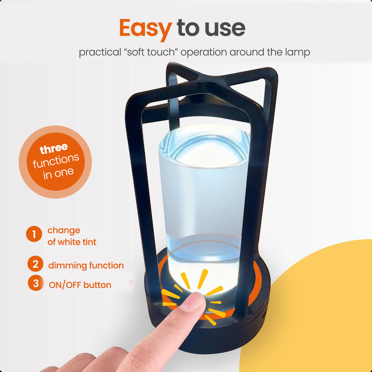 A lamp with a finger pressing the button, showing three functions: change tint, dimming, and on/off.