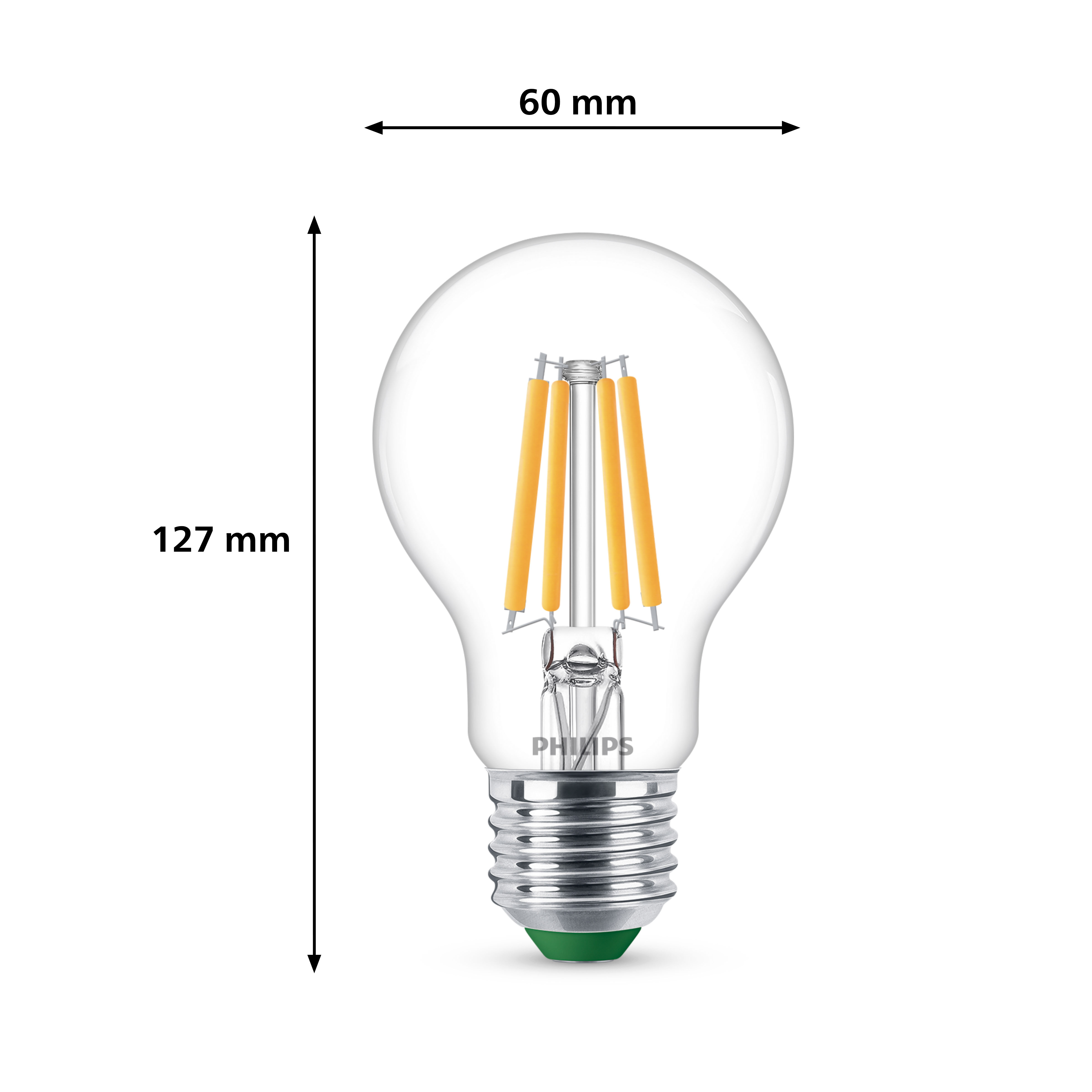 Ampoule LED, verre transparent, avec filaments orange et base verte. Mesures indiquées.