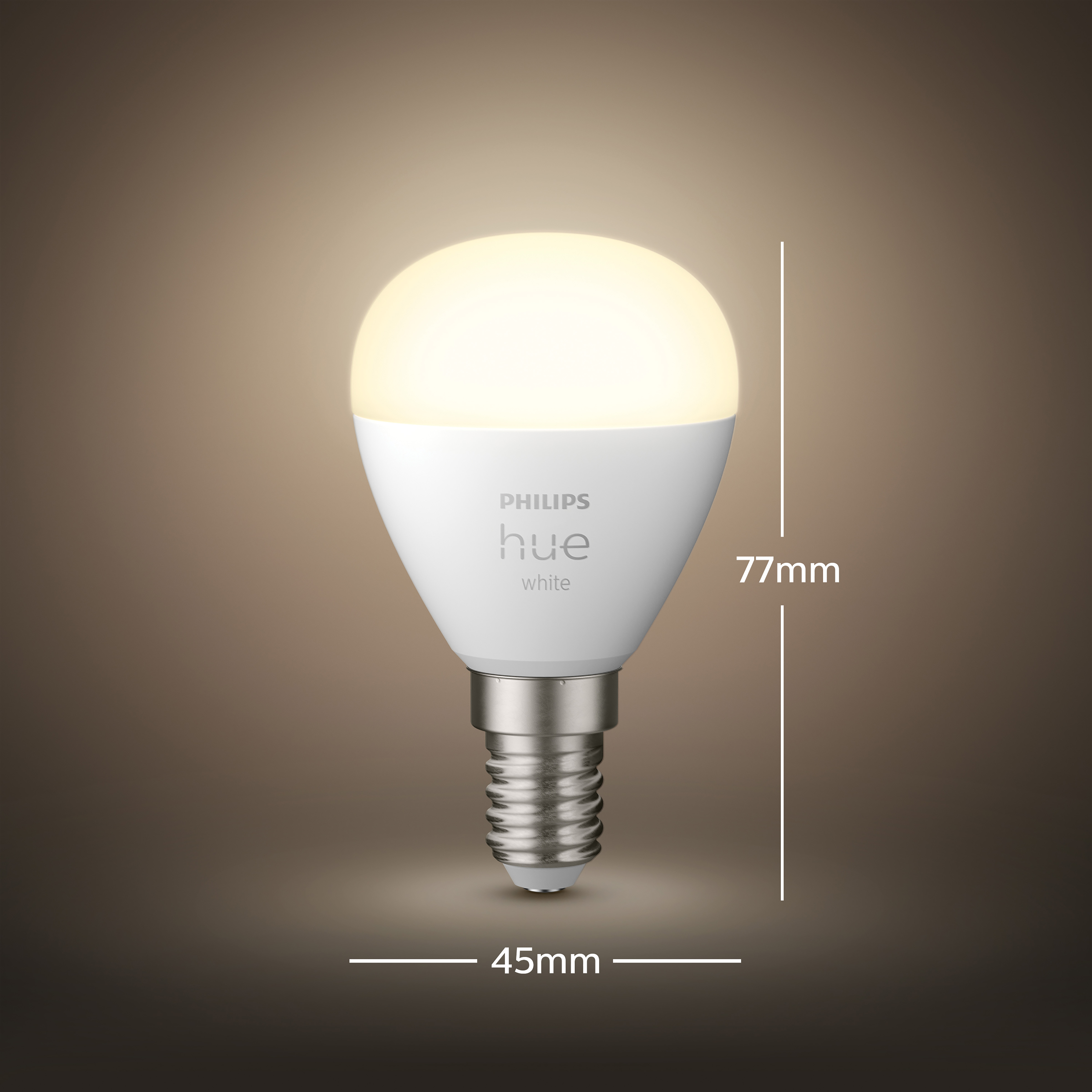 Ampoule intelligente Philips Hue blanche. Mesures 77mm x 45mm.