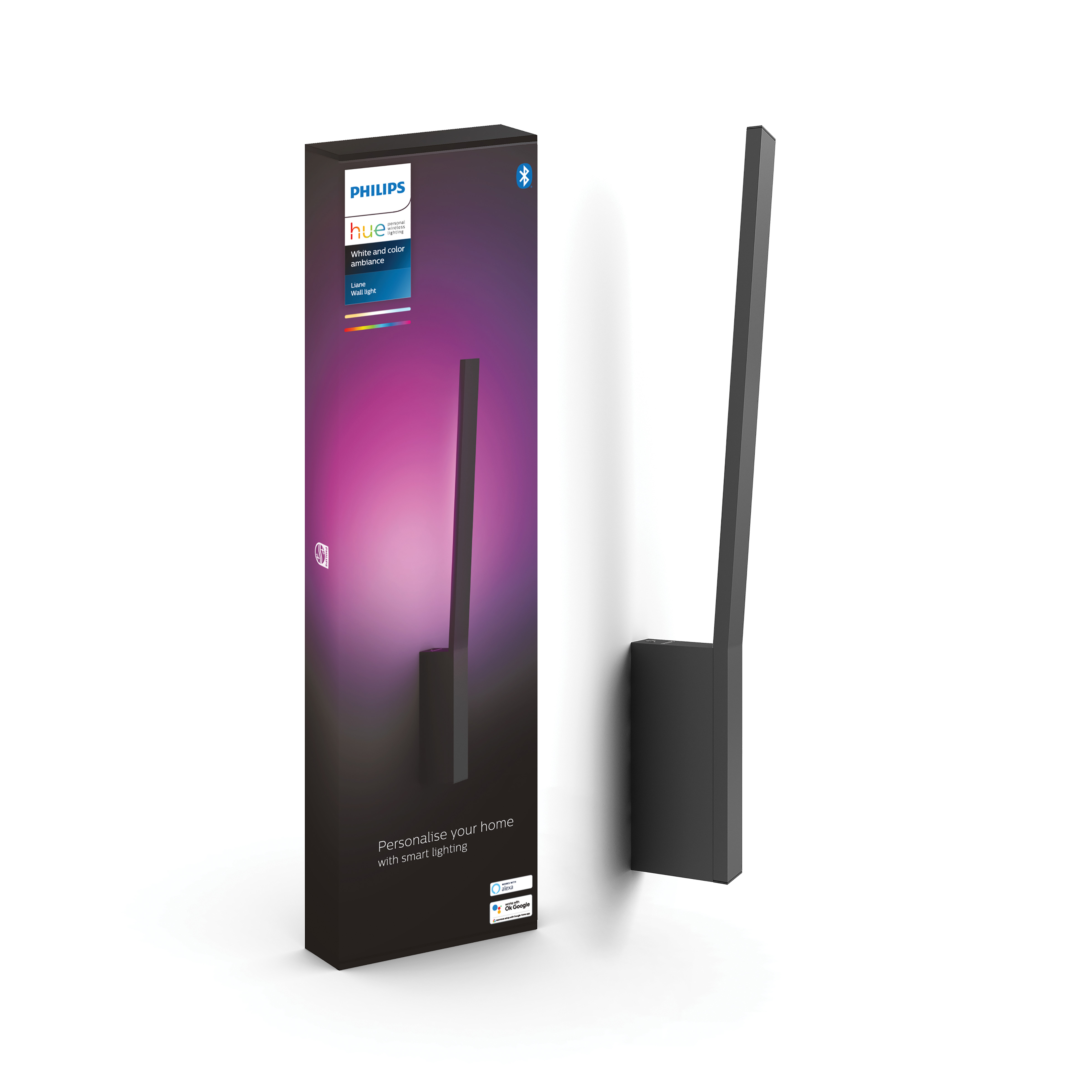 Czarna lampa Philips Hue z pudełkiem na białym tle.