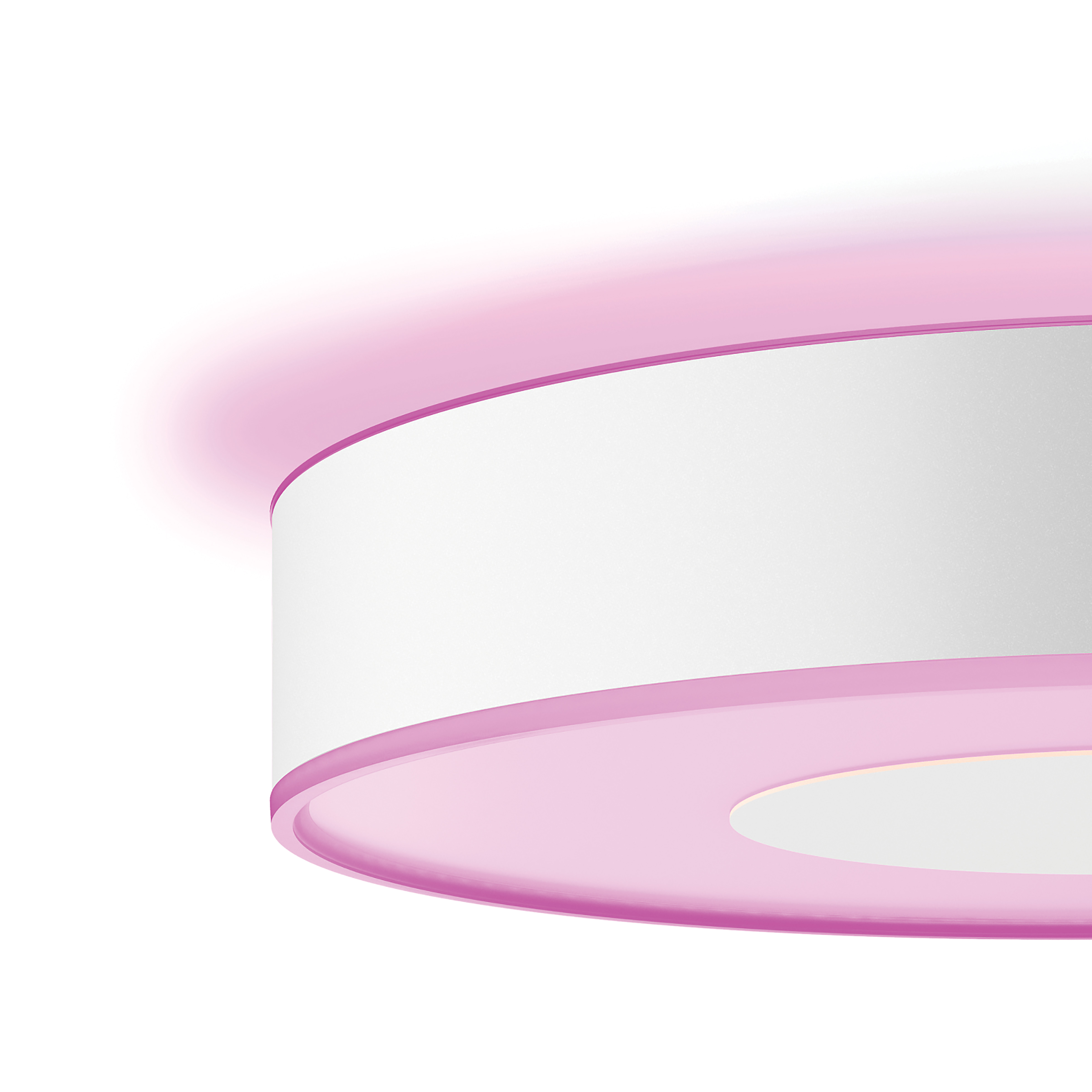 Zbliżenie białej i różowej lampy sufitowej. Różowe światło emanuje z góry.