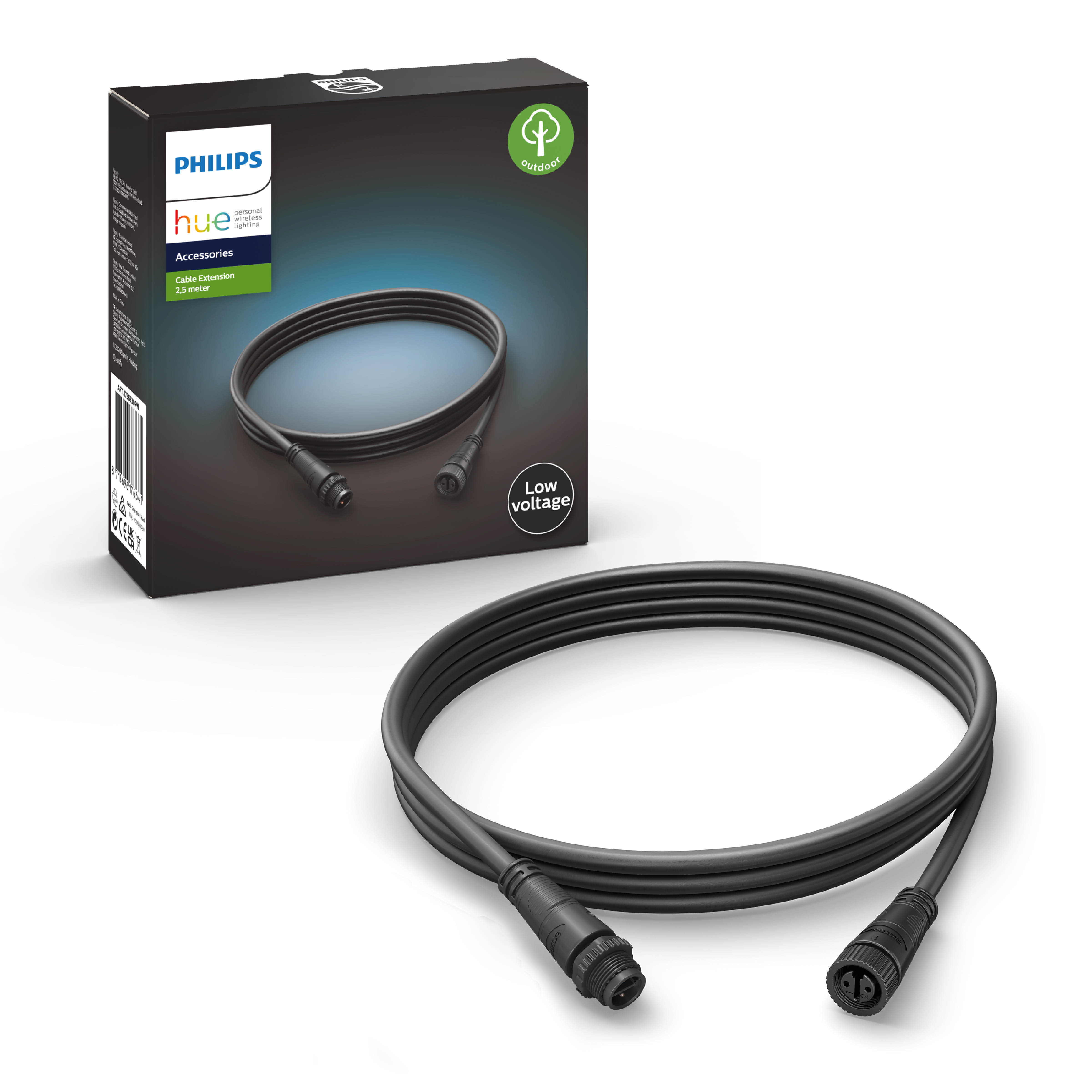 Schwarze Schachtel mit Philips Hue Kabel und zwei schwarzen Kabelenden, gewickeltes schwarzes Kabel.