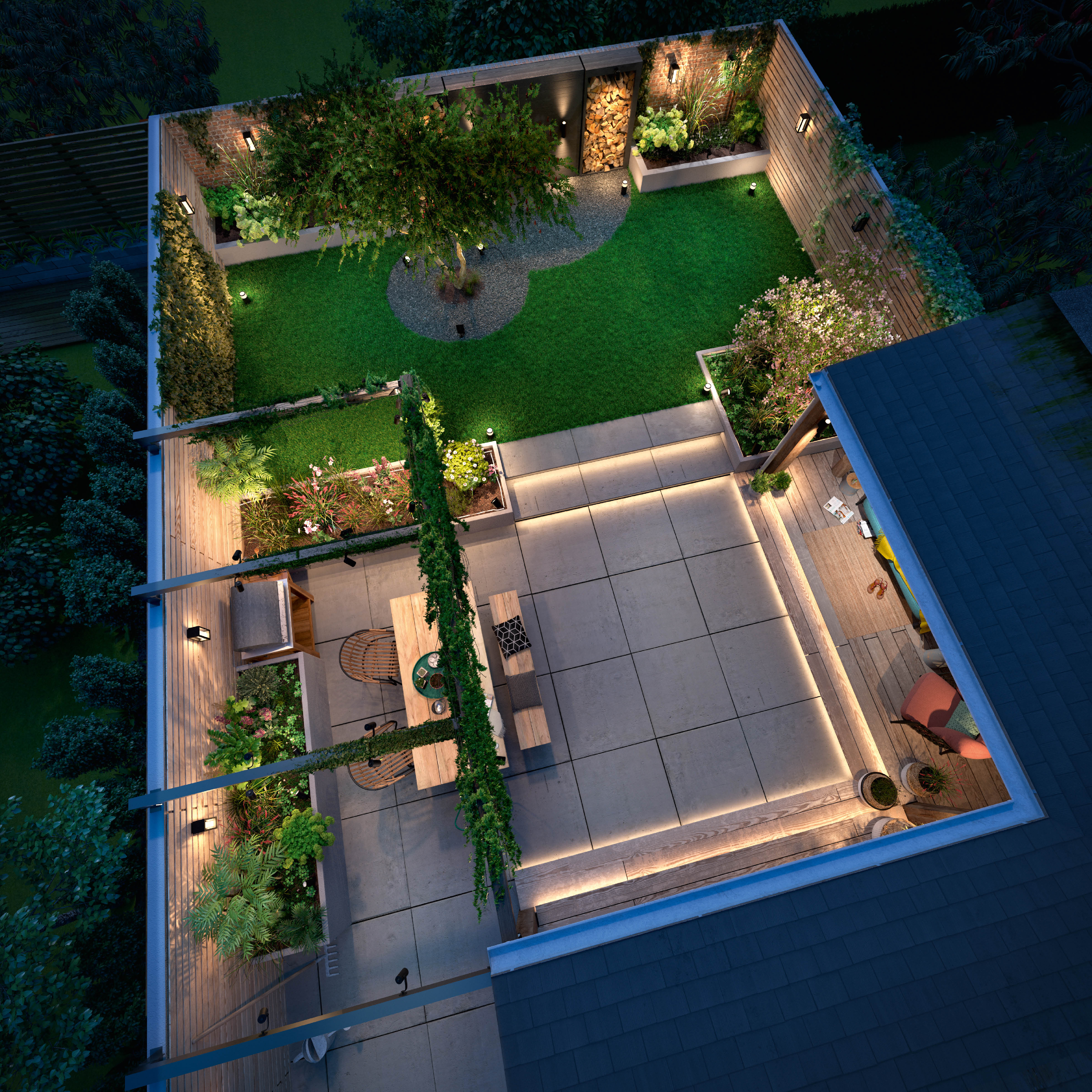 Draufsicht auf einen modernen Hinterhof mit Holzterrasse, Terrasse, Rasen und Garten.