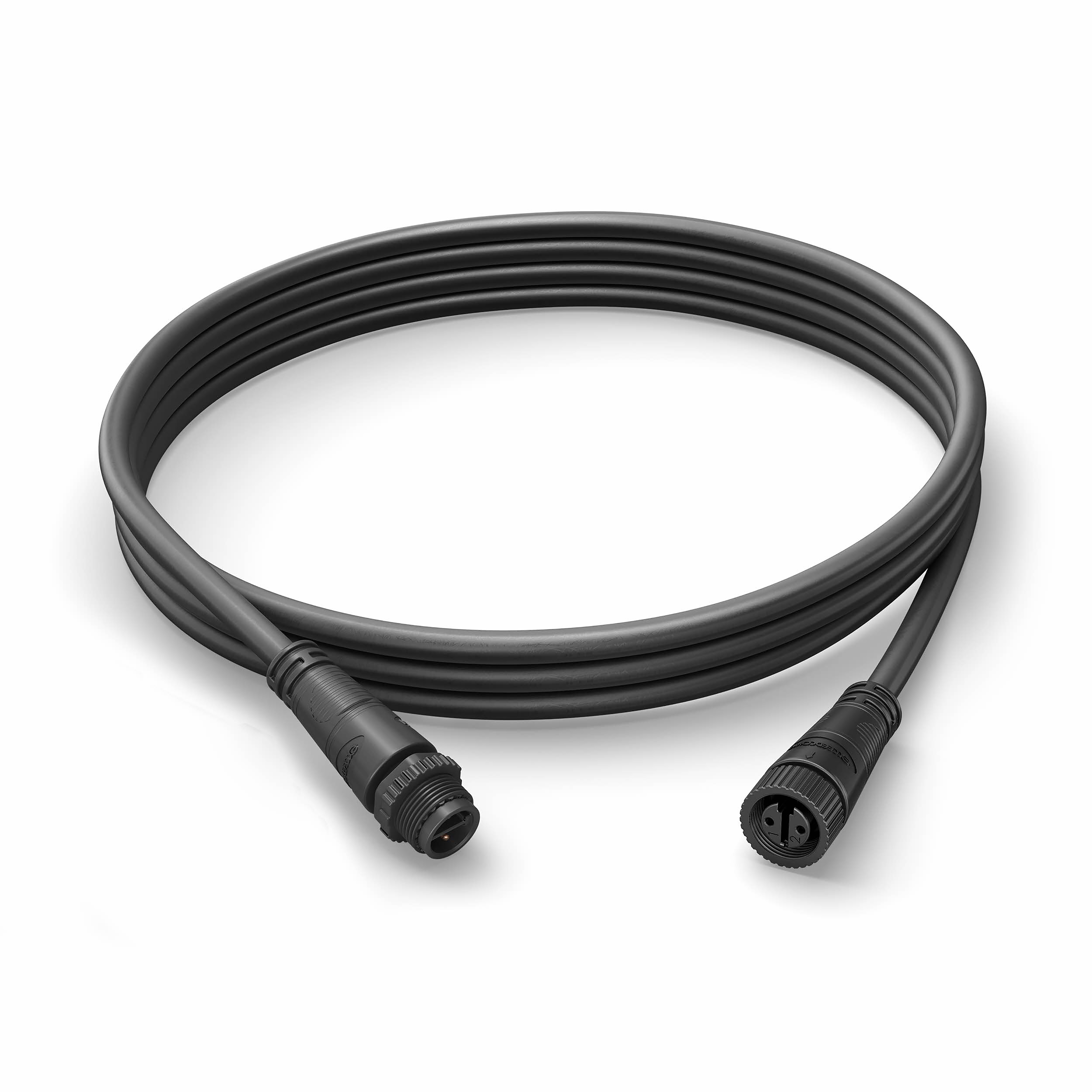 Schwarzes Kabel mit zwei Steckern. Jeder Stecker hat mehrere Stifte und eine runde Form.