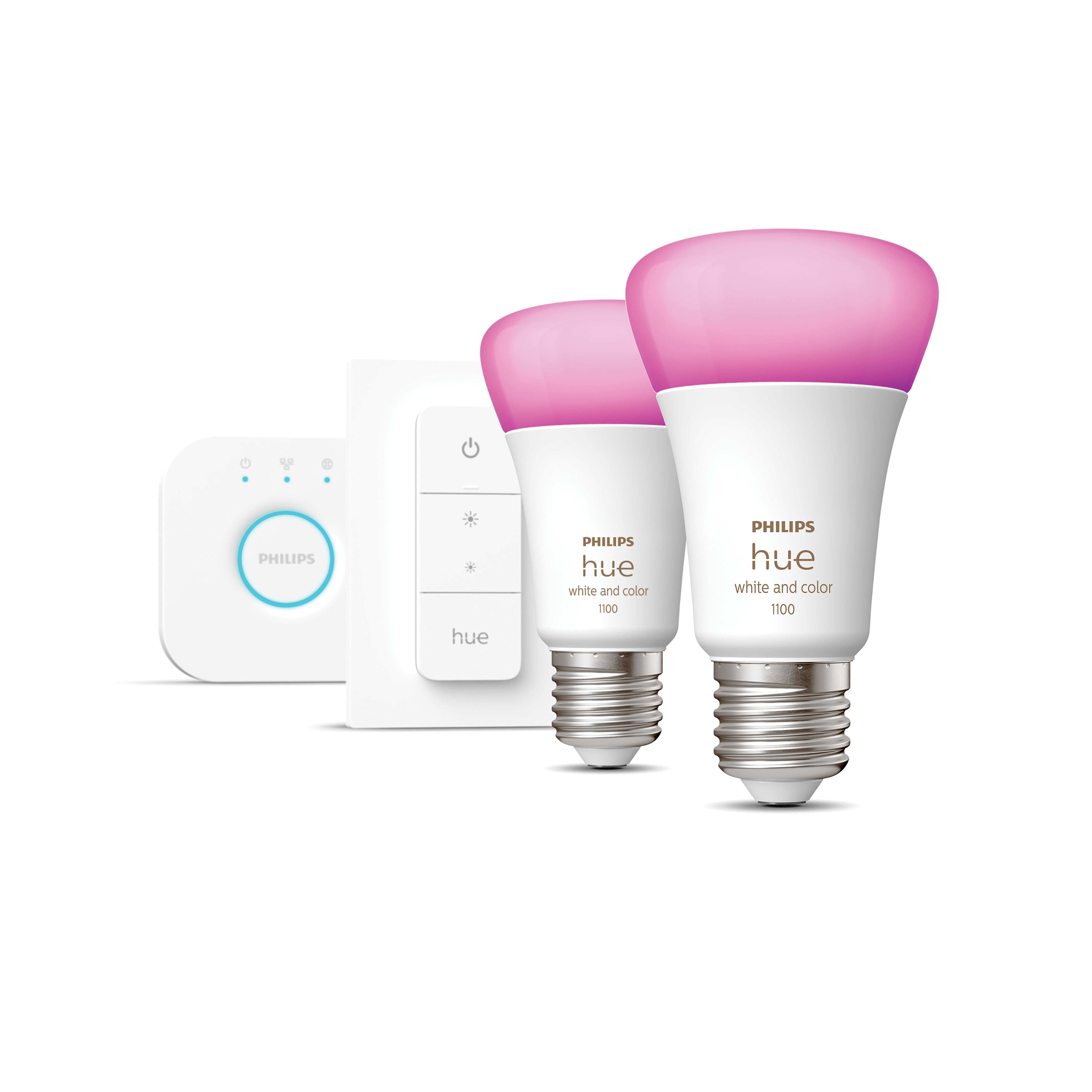 Zwei Philips Hue Smart-Glühbirnen mit rosa Licht, plus eine Bridge und ein Dimmschalter, weißer Hintergrund.