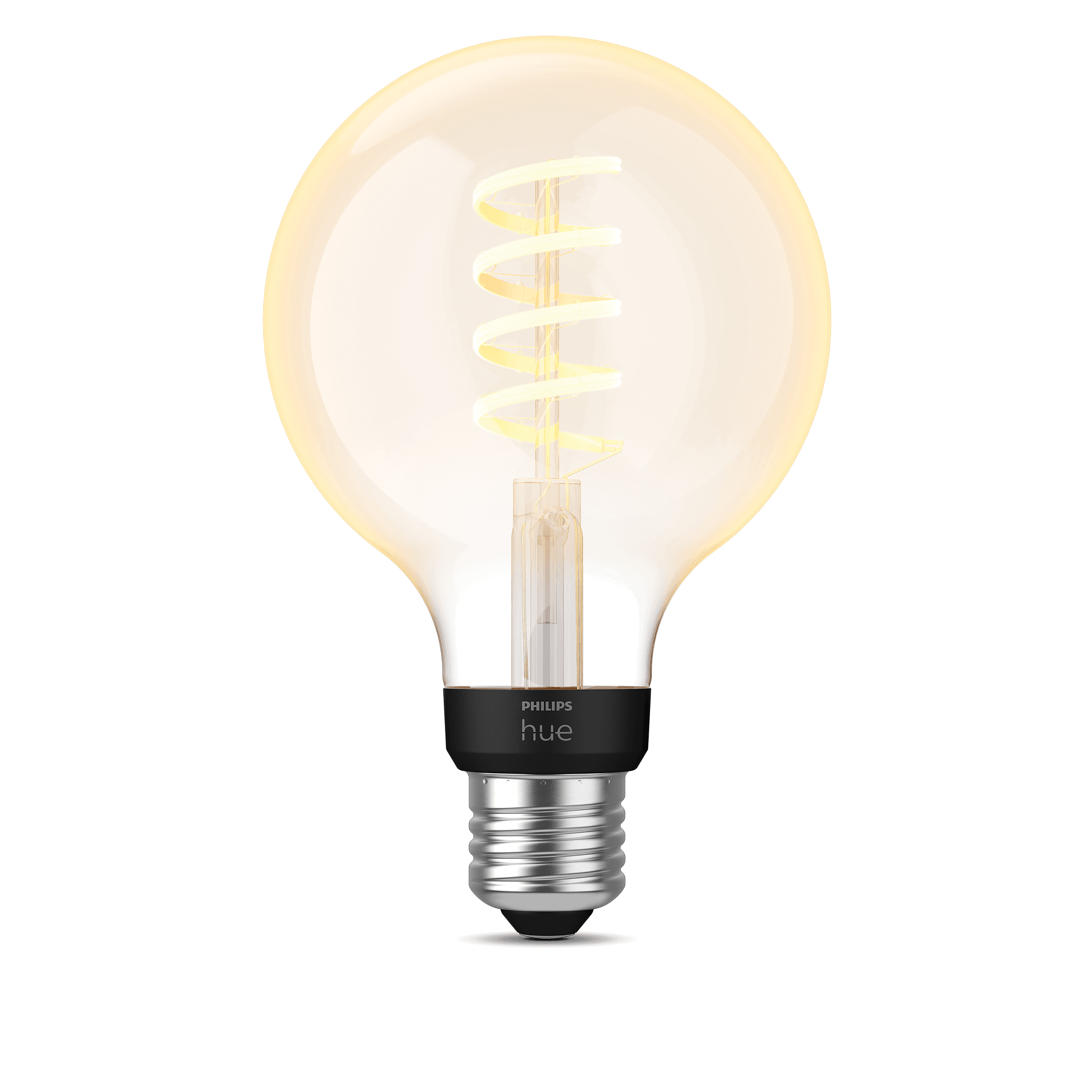 Grote ronde gloeilamp met spiraalvormig filament en zwarte Philips Hue voet.