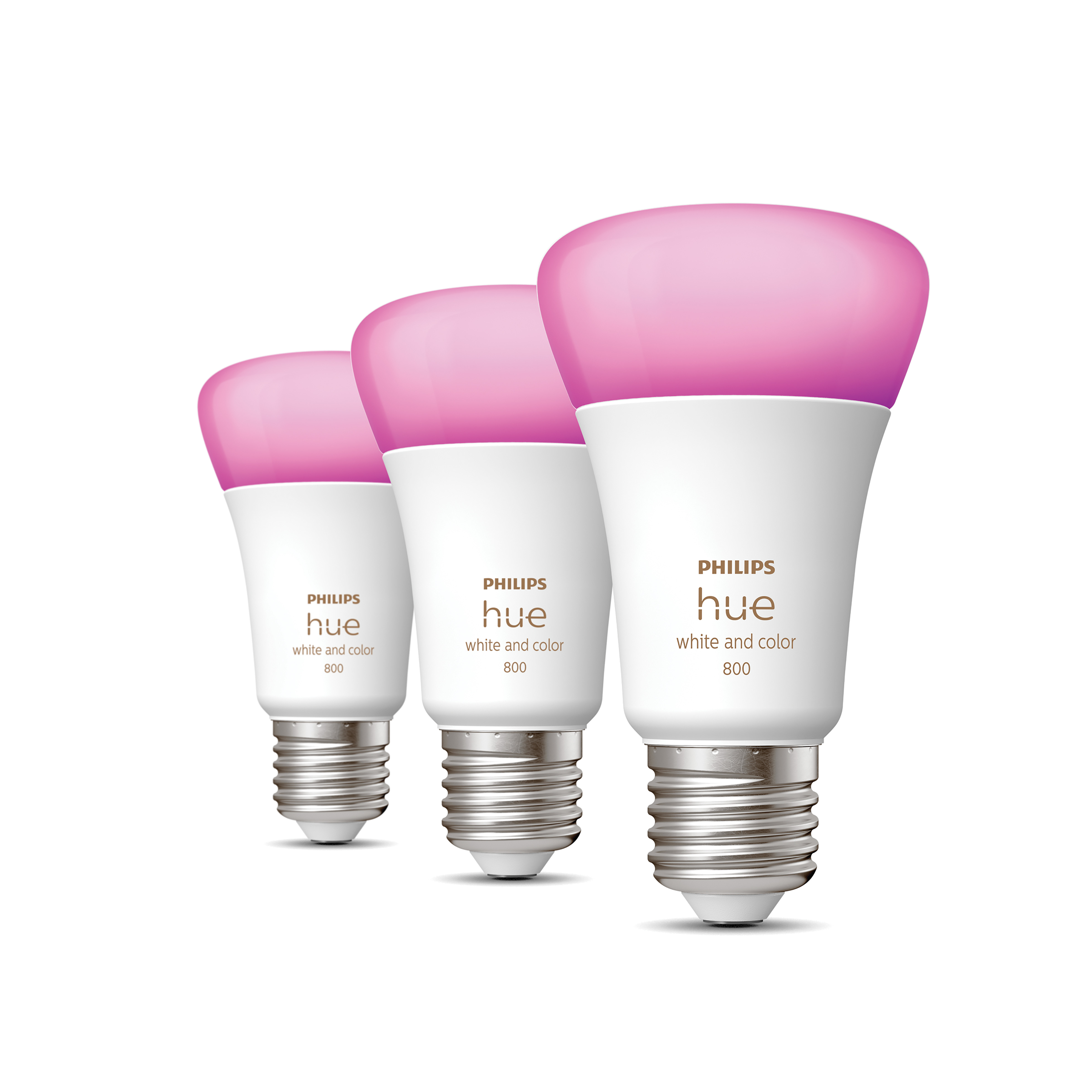 Trois ampoules intelligentes Philips Hue, base blanche avec lumière rose.