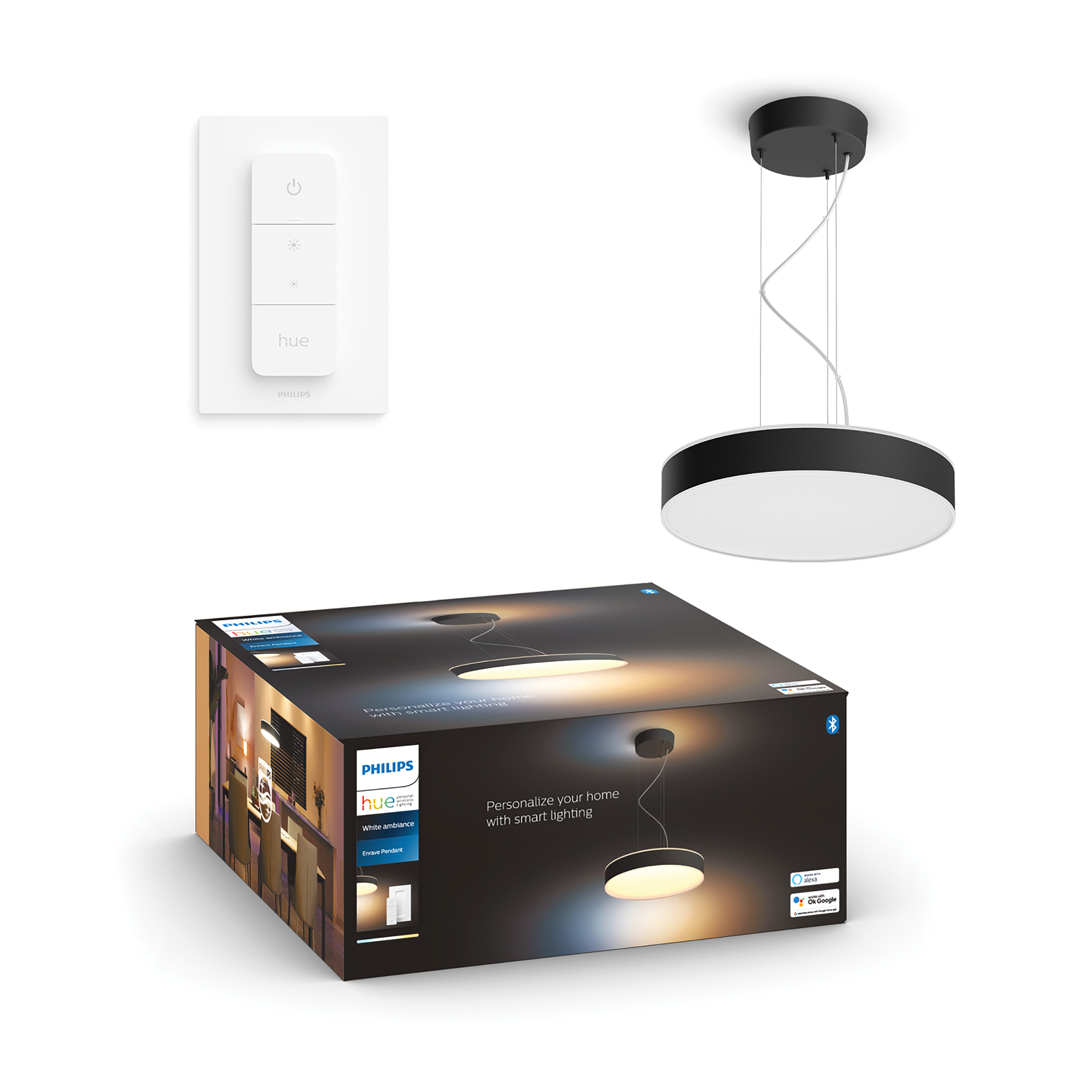 Zestaw oświetlenia inteligentnego Philips Hue z lampą wiszącą, przełącznikiem ściennym i pudełkiem.