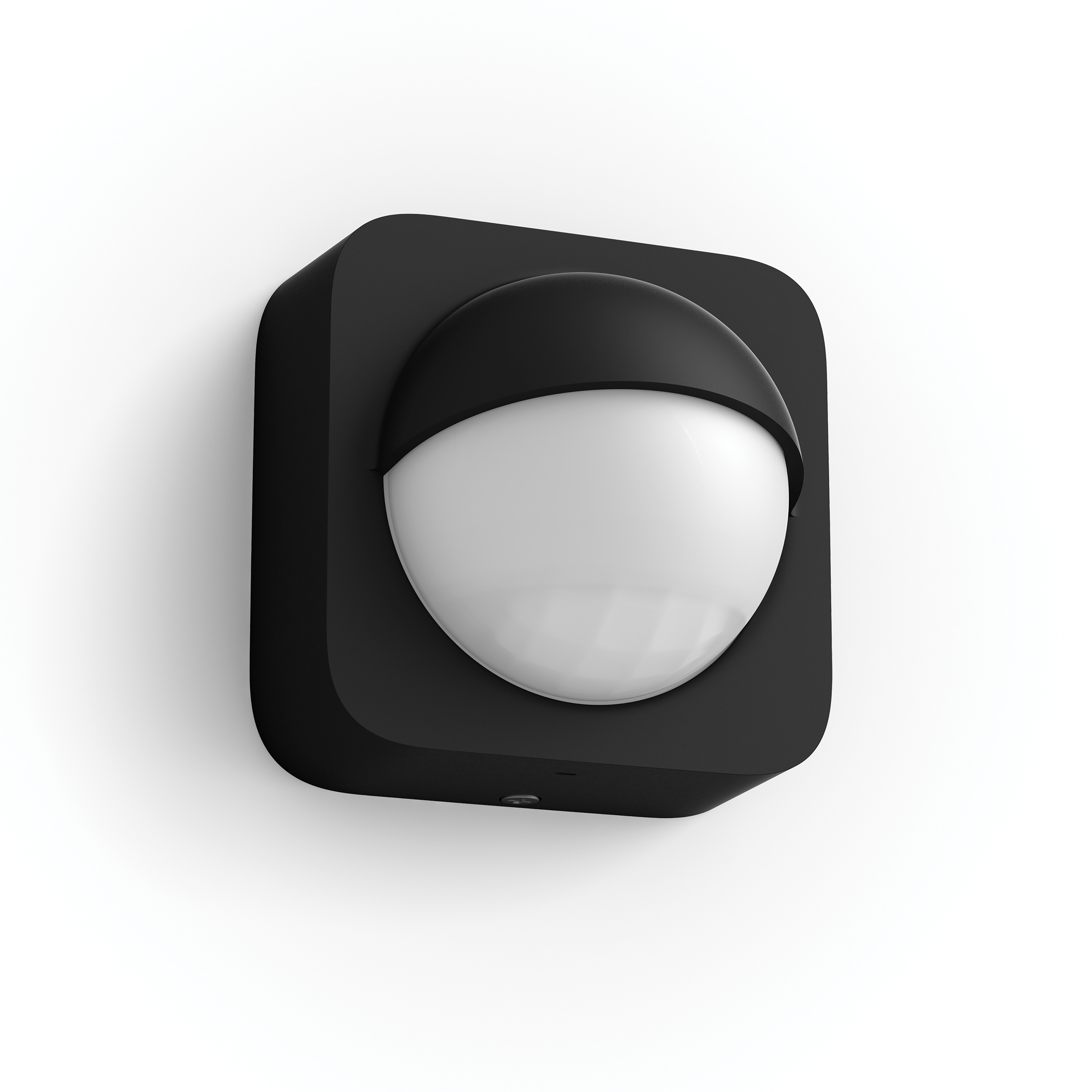 Luce esterna quadrata nera con luce bianca a mezza sfera, montata su muro bianco.