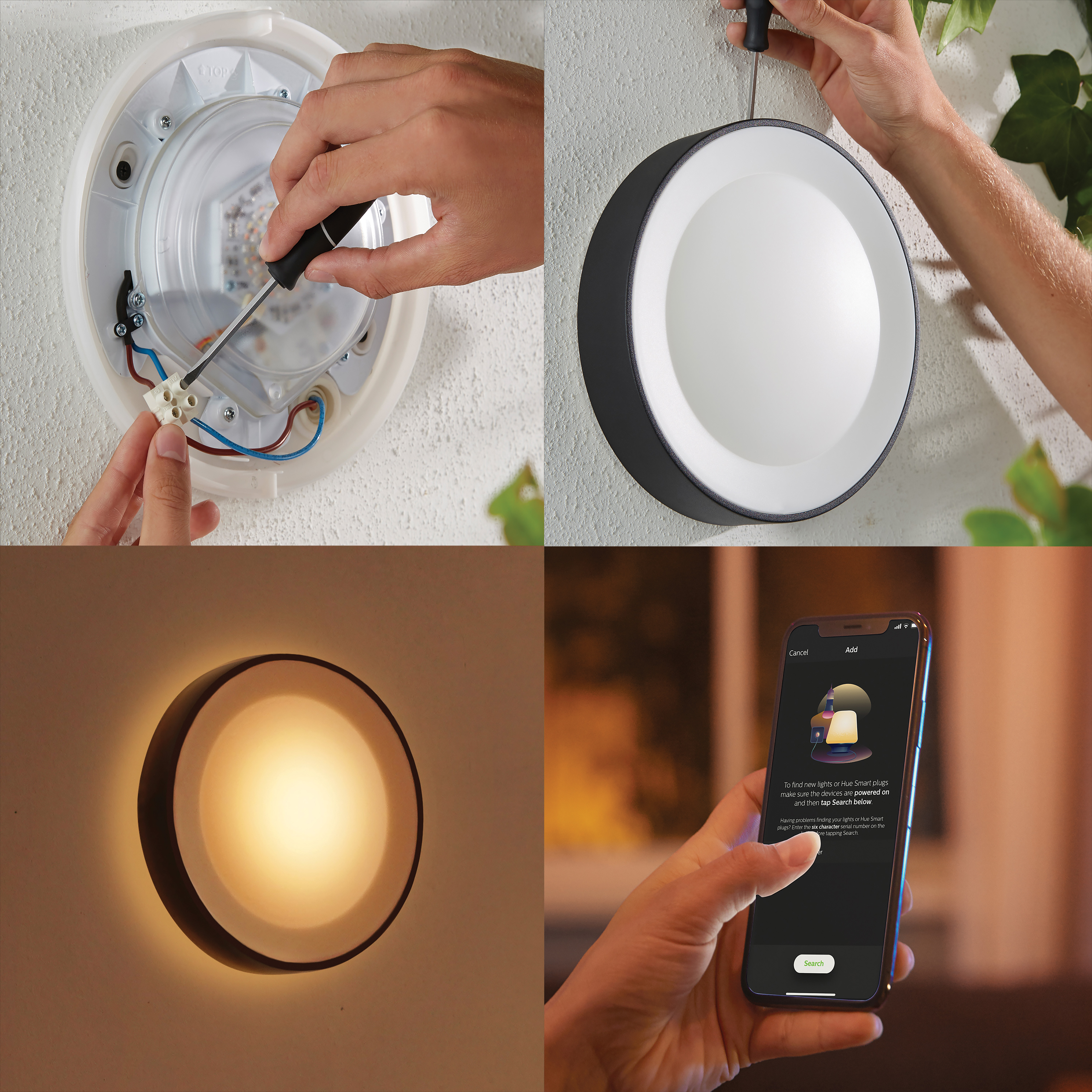 Vier afbeeldingen met installatiestappen voor een wandlamp. Handen en licht in focus.