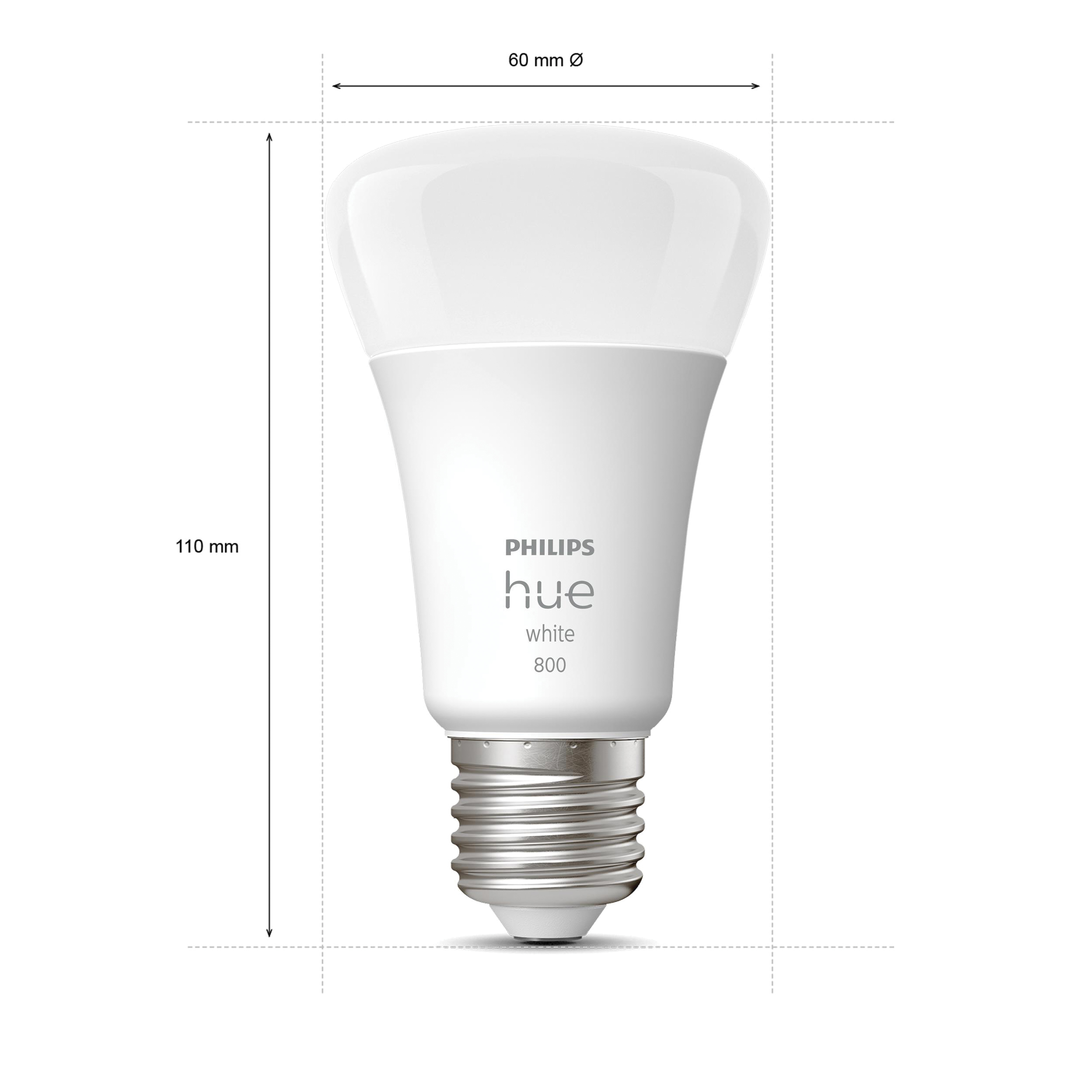 Une ampoule intelligente Philips Hue blanche. Elle est blanche avec une base argentée. Dimensions et texte également visibles.