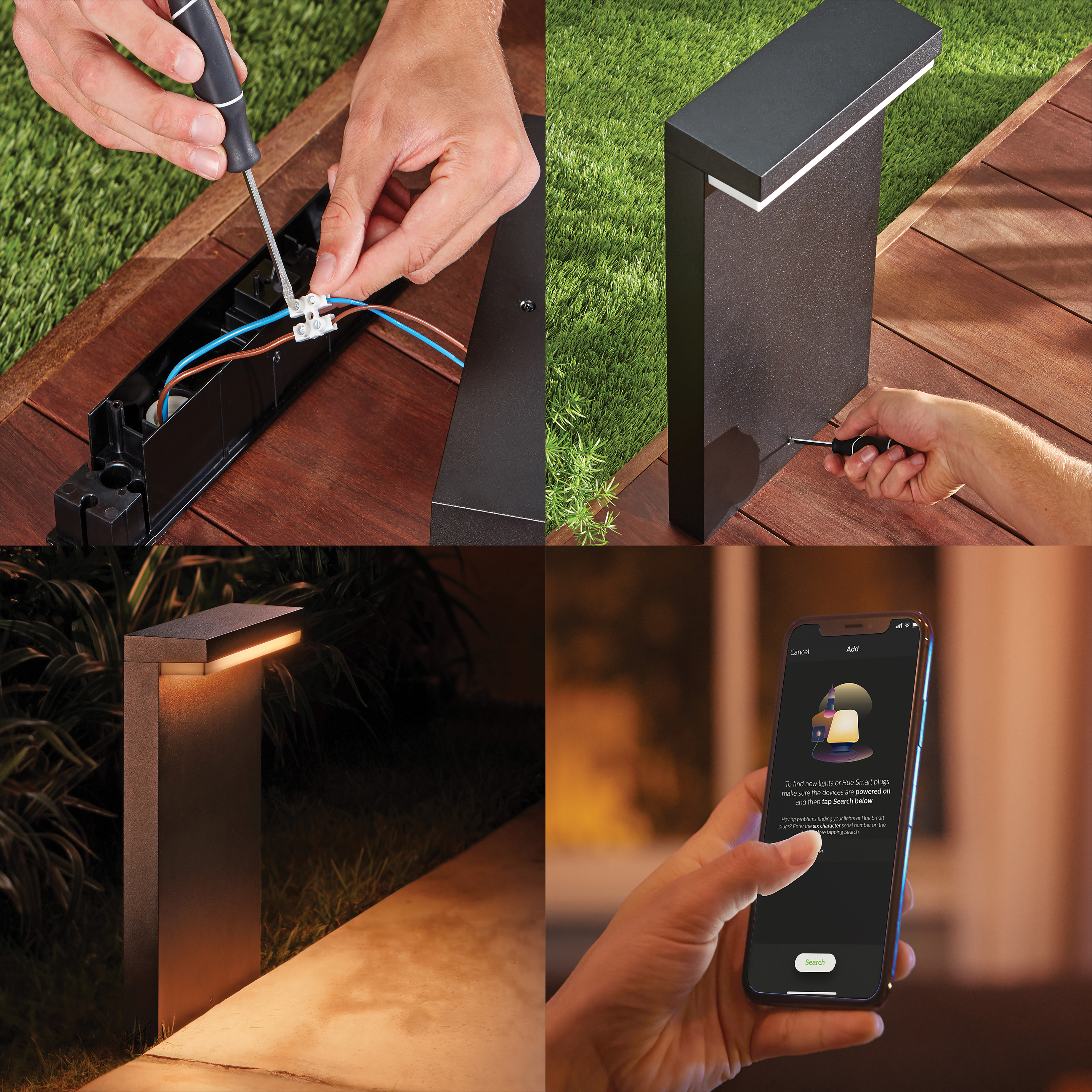 Wiele zdjęć instalowanych lamp zewnętrznych. Ludzie przy nich pracują.