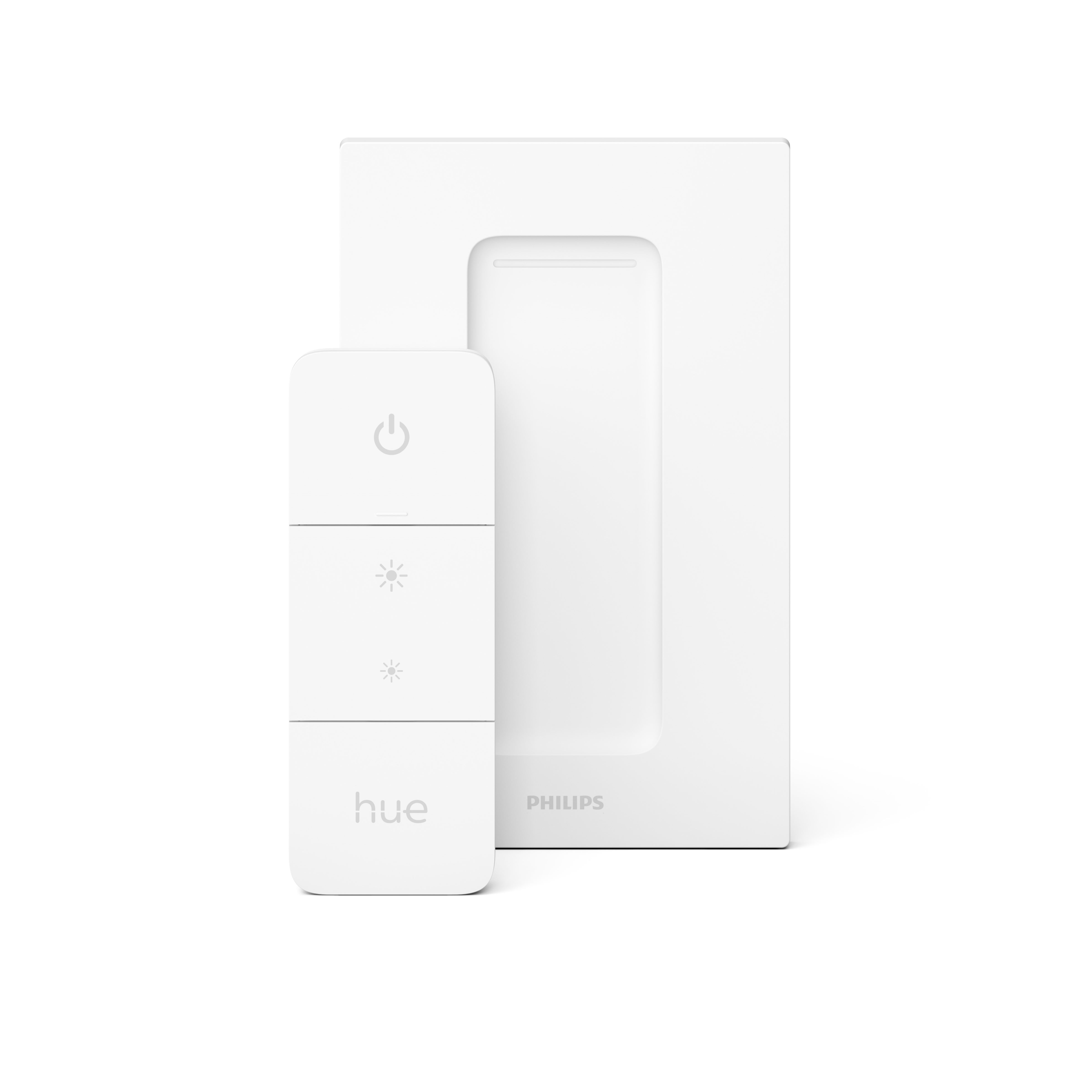 Telecomando e base Philips Hue bianchi con pulsanti di controllo.