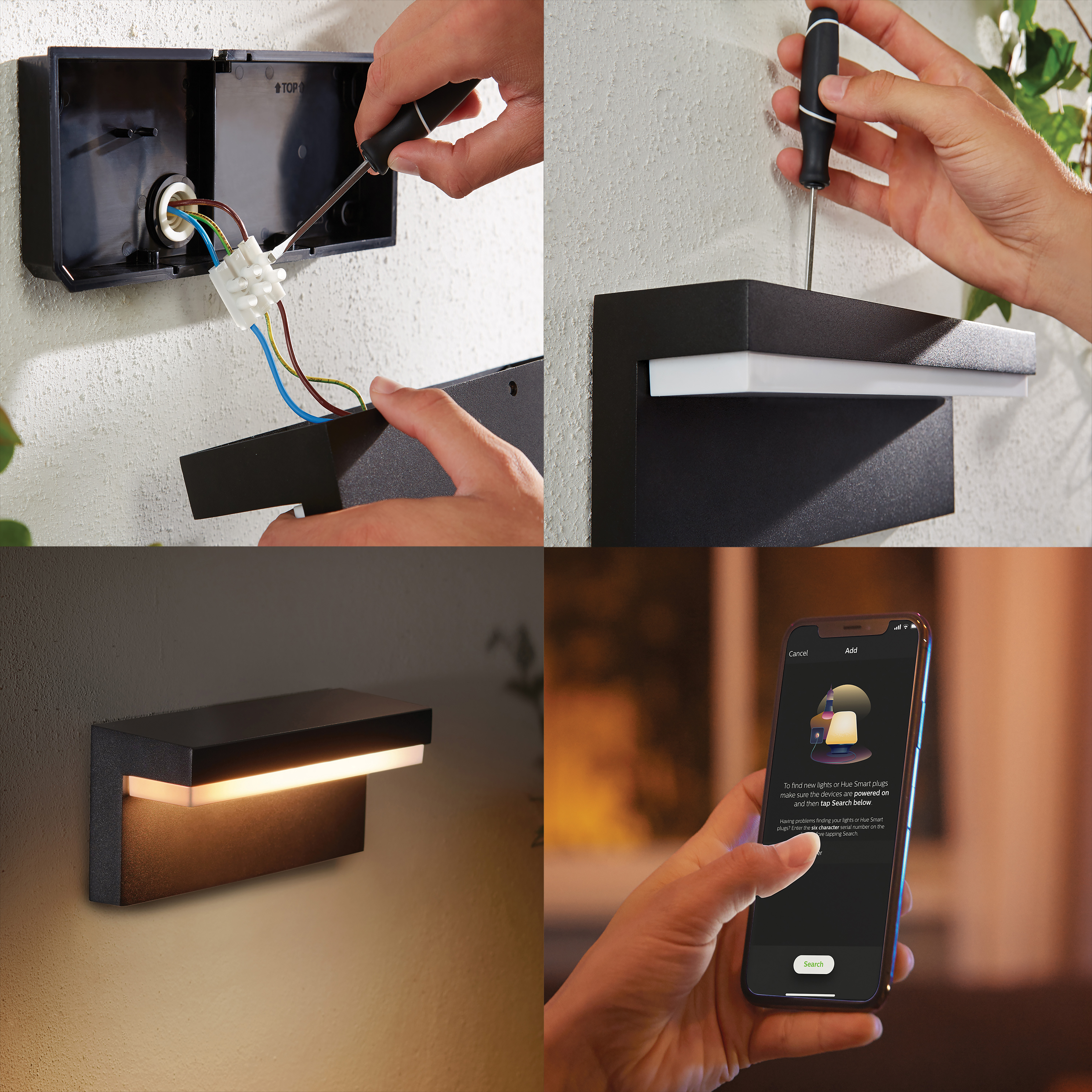 Cztery zdjęcia pokazujące instalację oświetlenia zewnętrznego. Obejmuje okablowanie, montaż i konfigurację aplikacji.