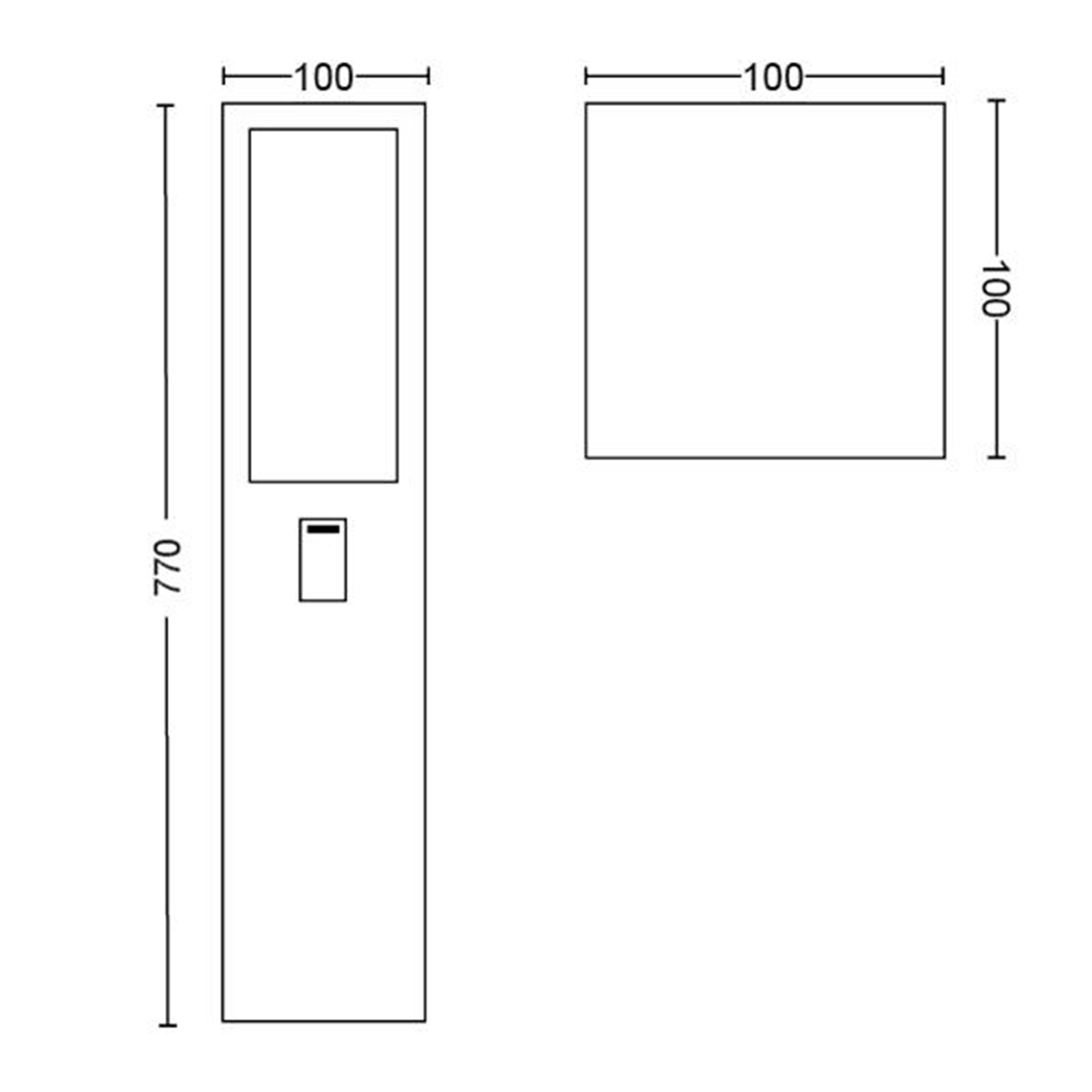 Rysunek techniczny z wymiarami prostokątnej konstrukcji. Zawiera szerokość, długość i wysokość.