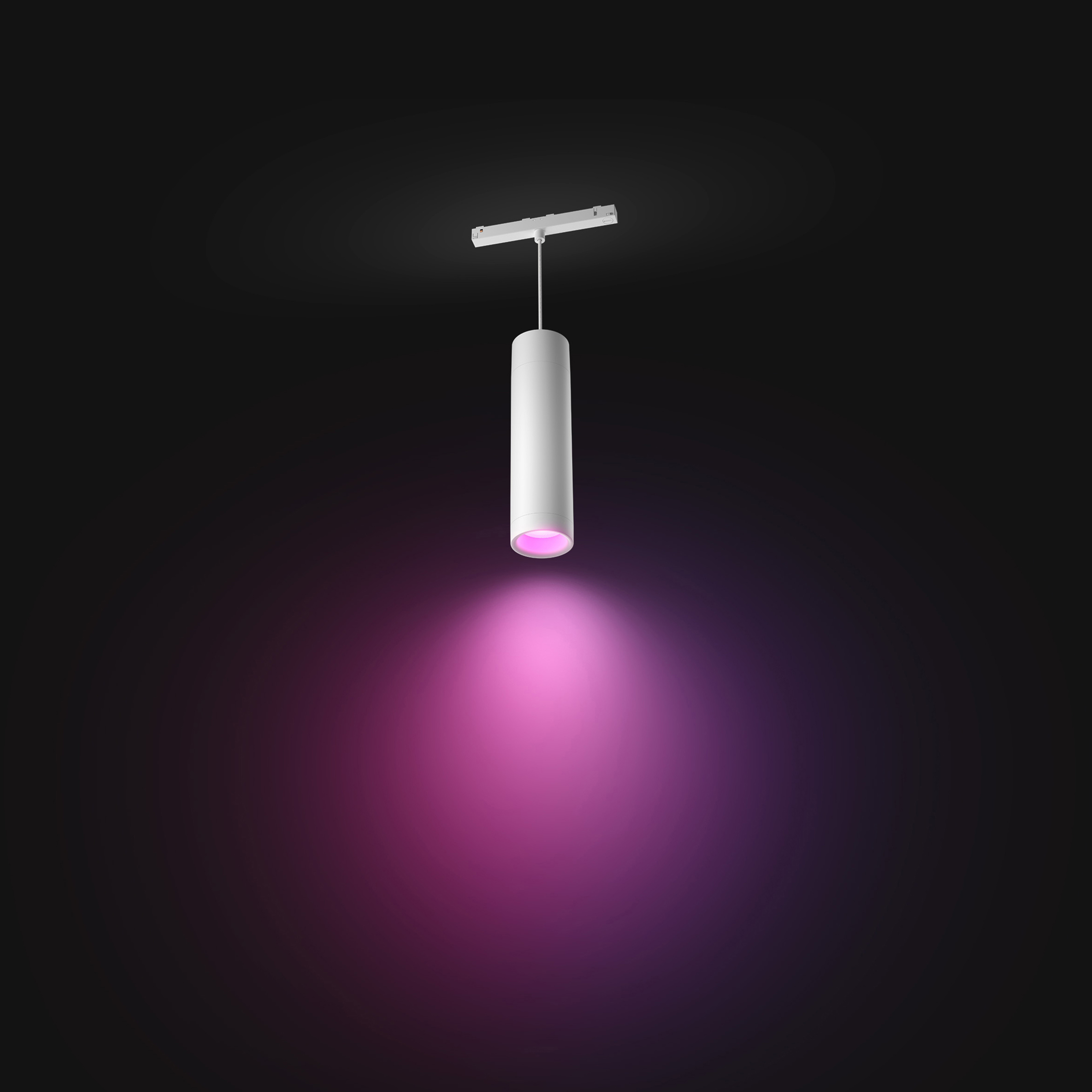 Biała cylindryczna lampa wisząca z różowym efektem reflektora na ciemnoszarym tle.