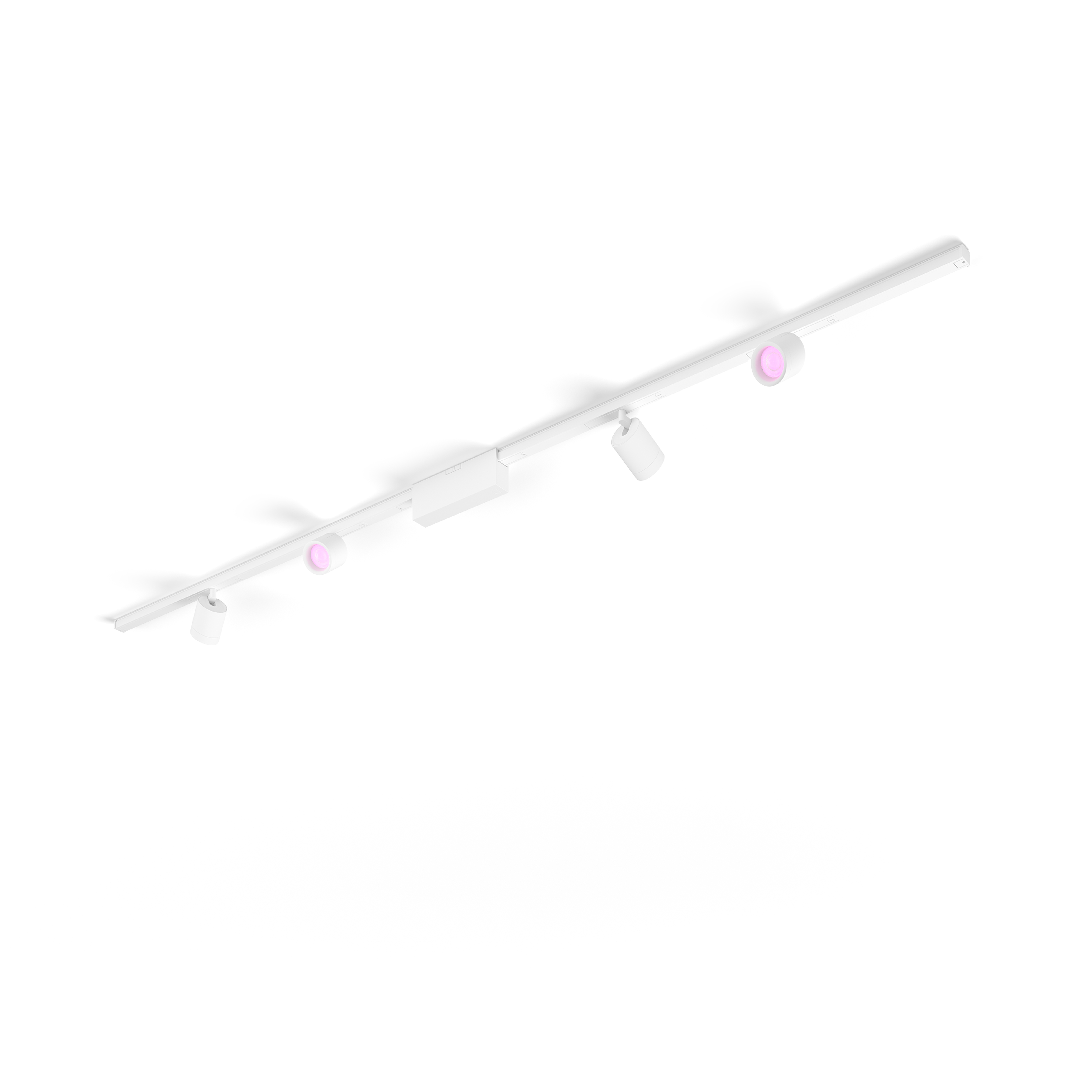 Système d'éclairage sur rail blanc avec trois spots réglables, lumière rose.