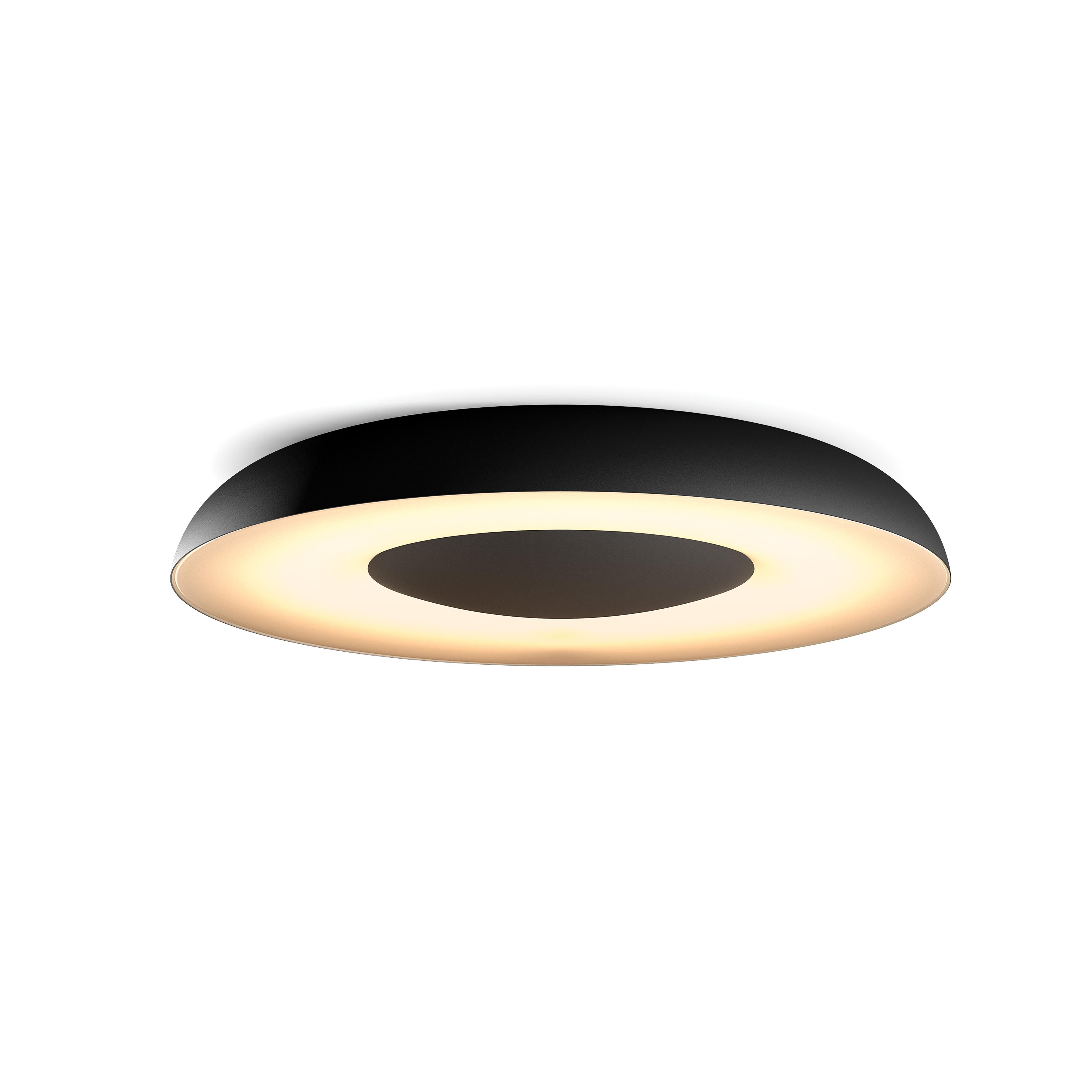 Luminaire noir, circulaire, monté au plafond avec un anneau de lumière brillant, sur fond blanc.