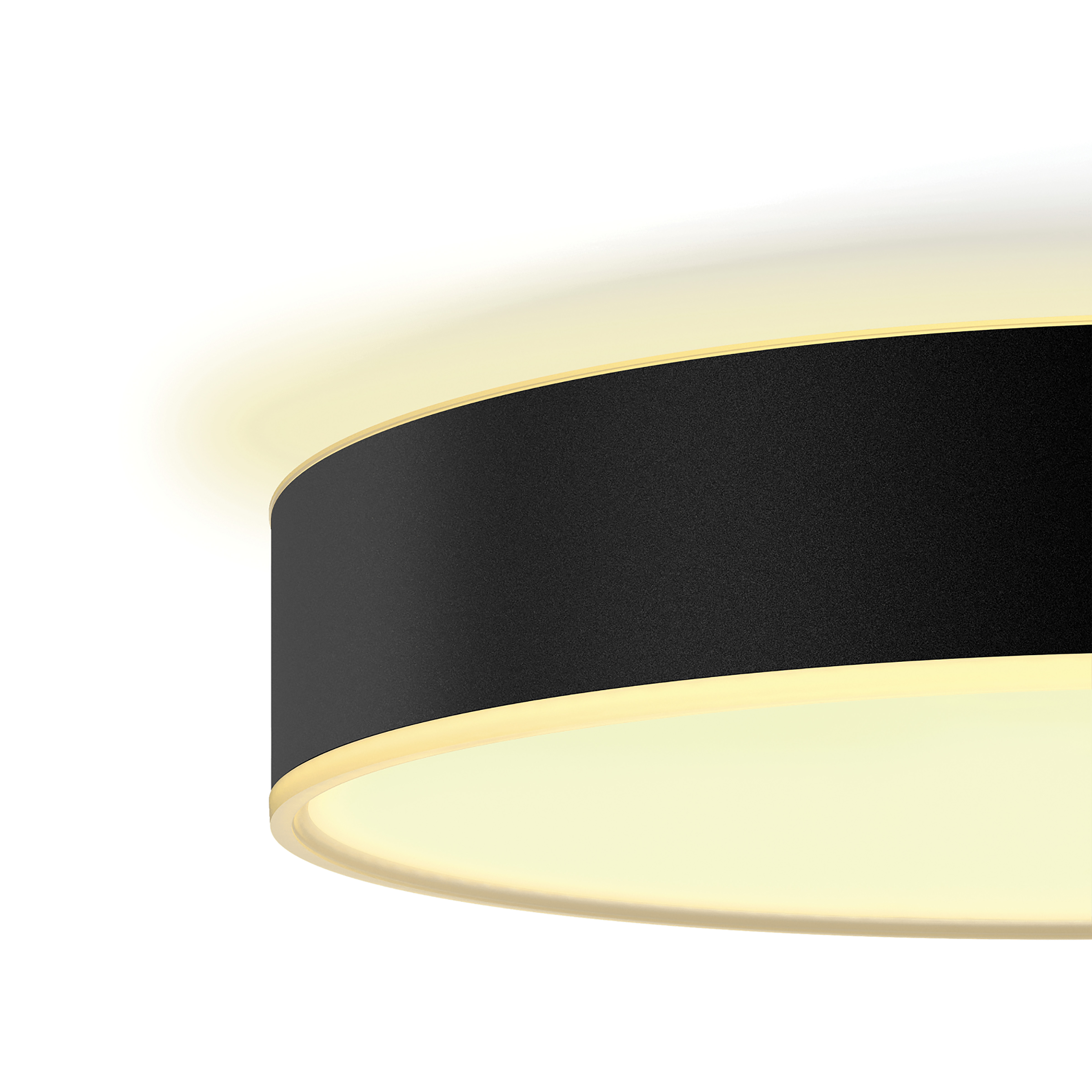 Zbliżenie czarnej i złotej okrągłej oprawy oświetleniowej, emitującej ciepłe światło w dół.