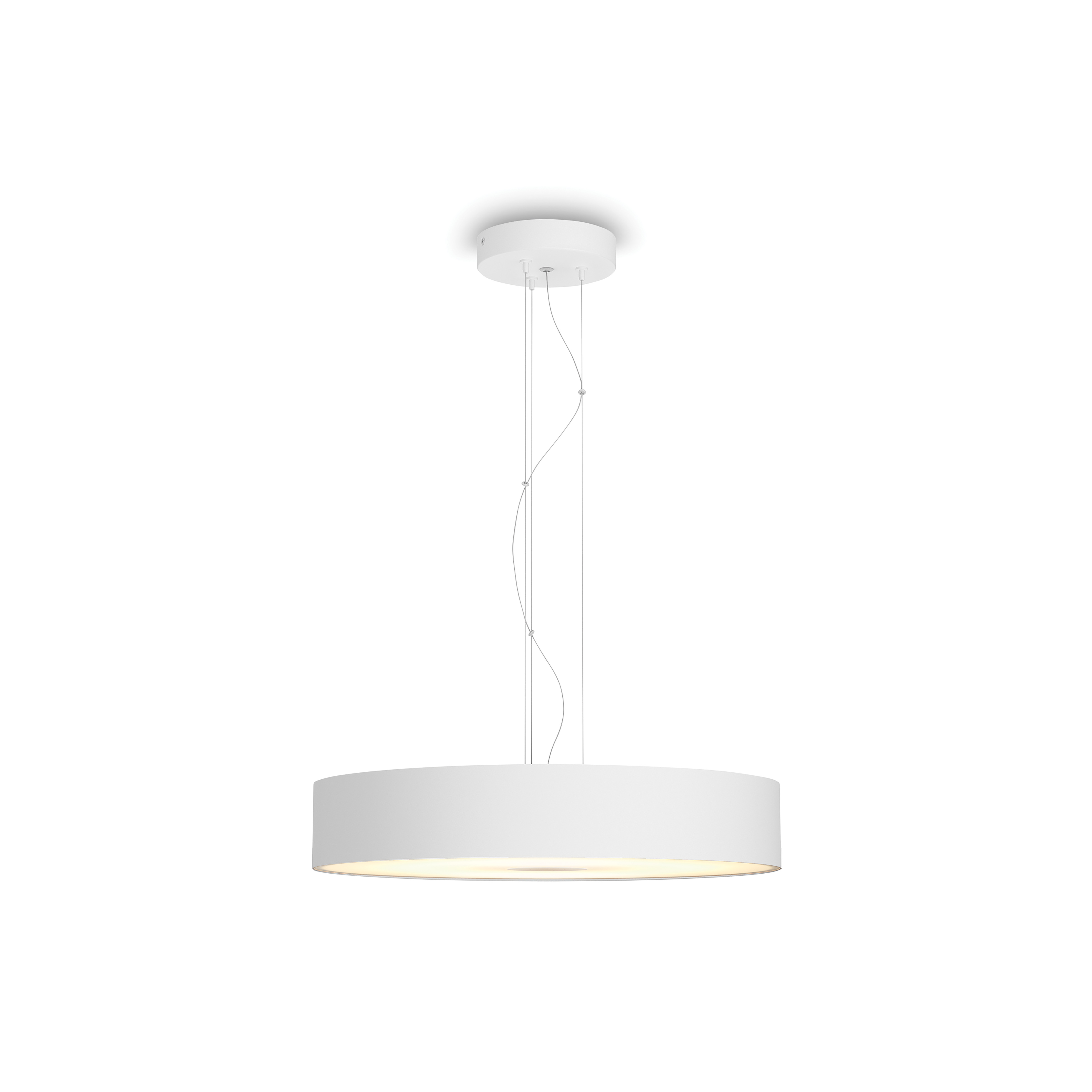 Une suspension circulaire blanche suspendue au plafond.