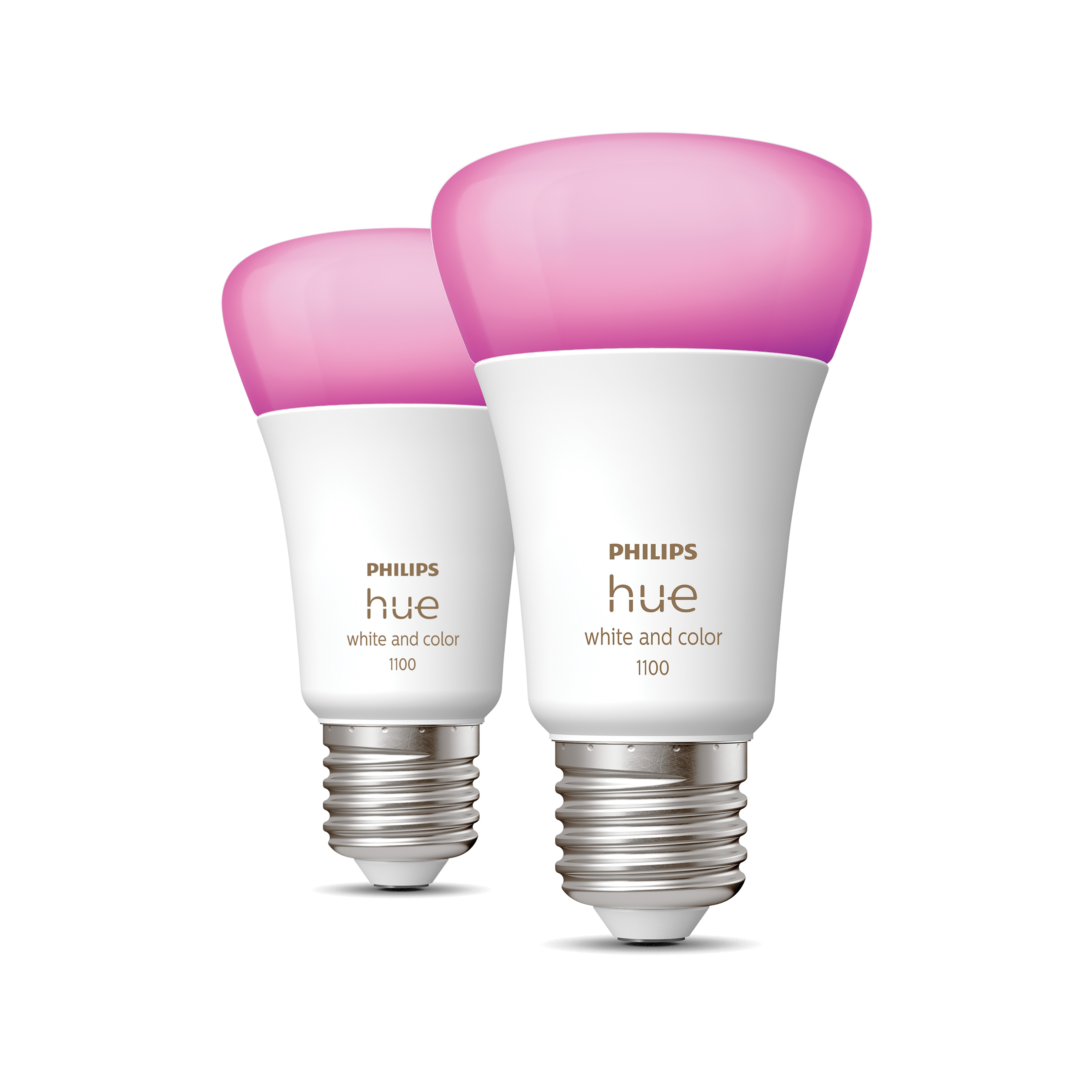 İki beyaz ve pembe akıllı ampul. Üzerlerinde Philips Hue logosu basılı.