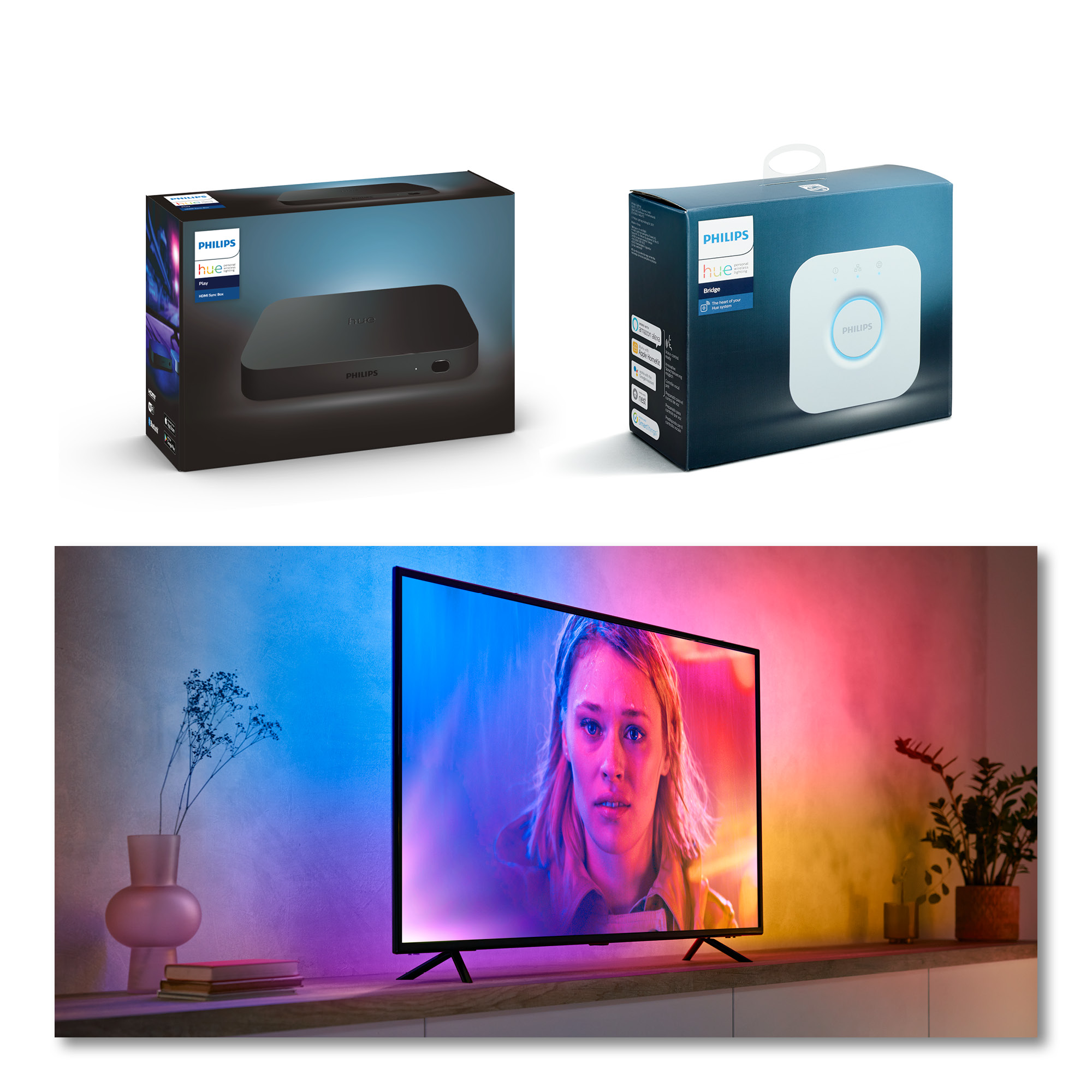 Dwa pudełka z marką Philips Hue i telewizor z kolorowymi światłami. Telewizor pokazuje kobietę.