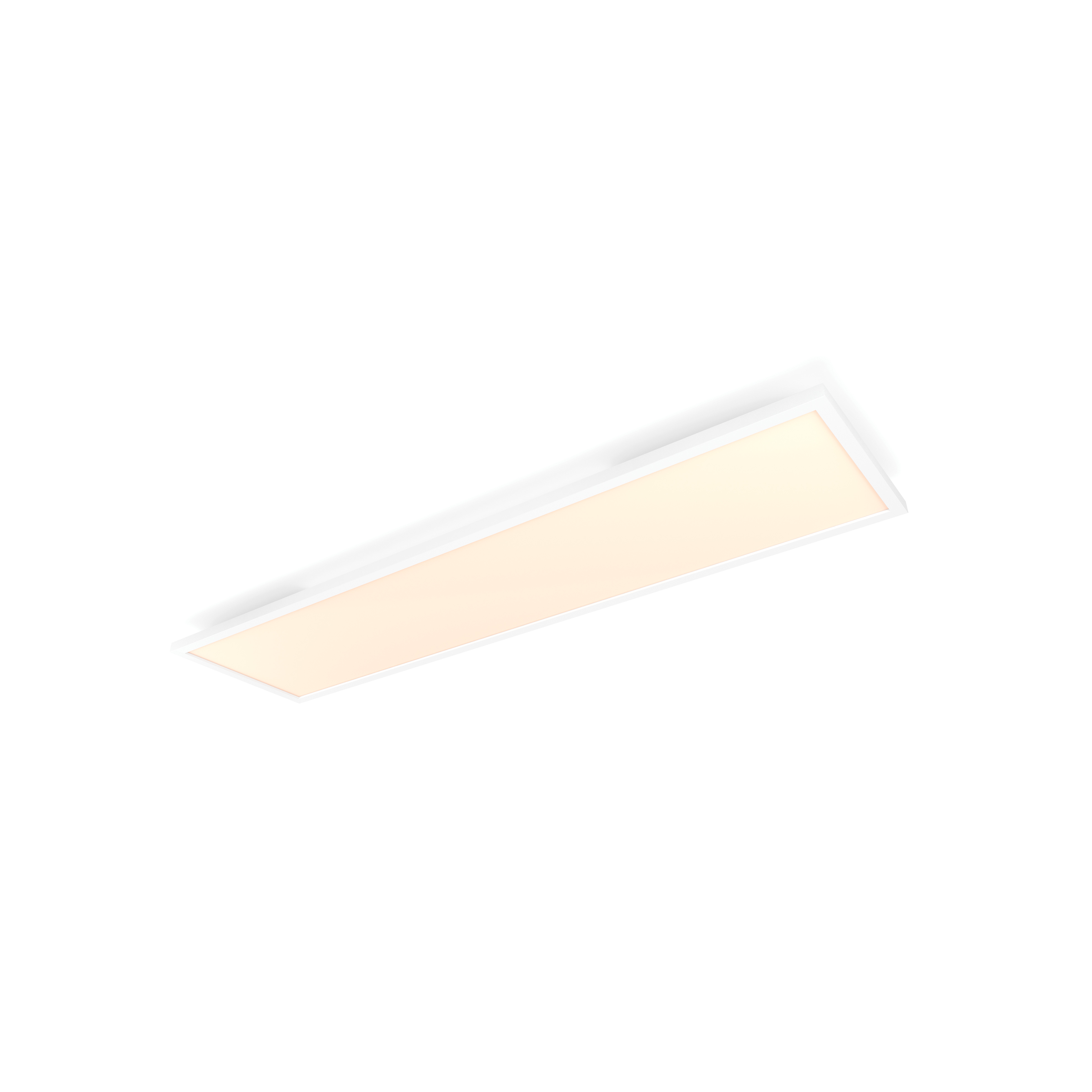 Luminaire LED rectangulaire blanc sur fond blanc. La lumière est allumée.